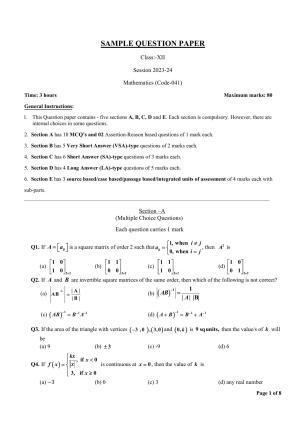 CBSE Class 12 Mathematics Sample Paper 2024