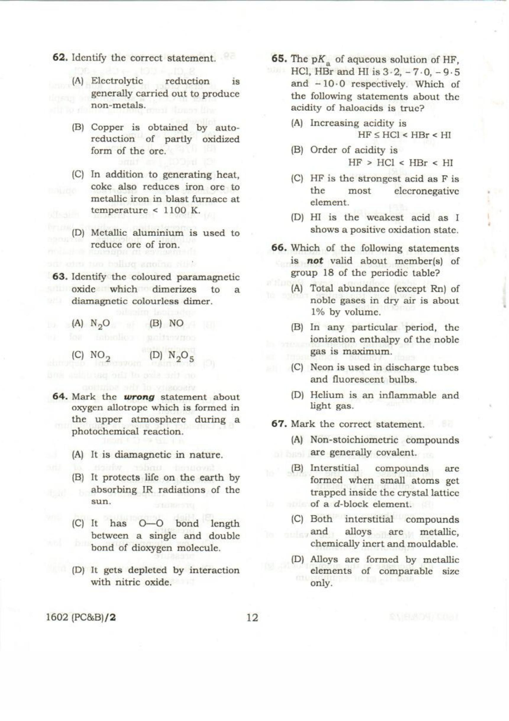 APJEE Physics, Chemistry & Biology 2016 Question Paper - Page 12