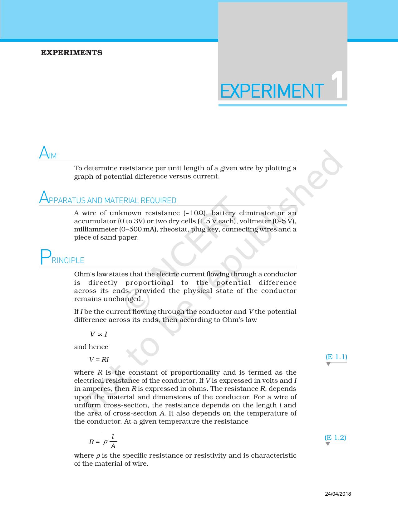 NCERT Laboratory Manuals for Class XII Physics - Experiment 1 & 2 - Page 1