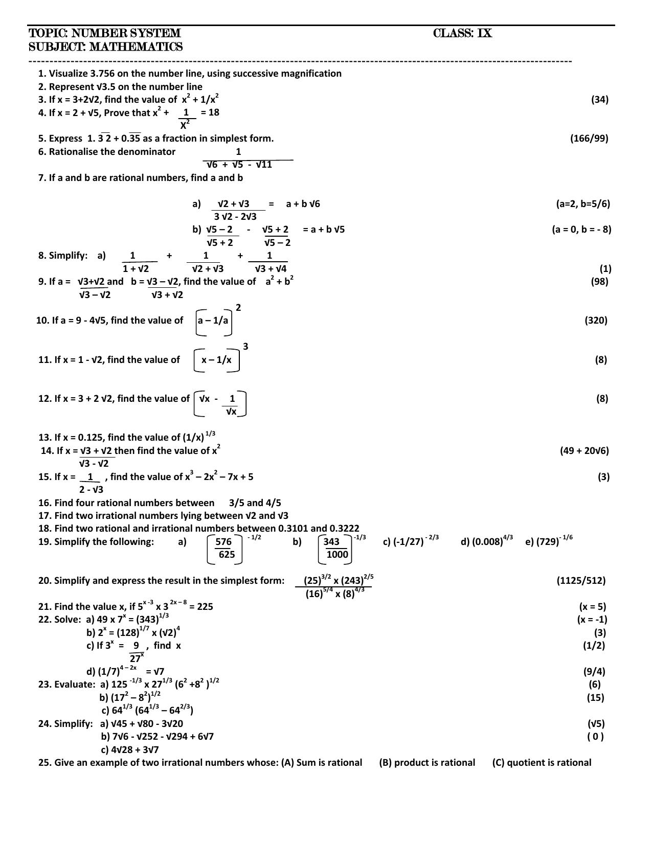 CBSE Worksheets for Class 9 Mathematics Number System Assignment 3 - Page 1