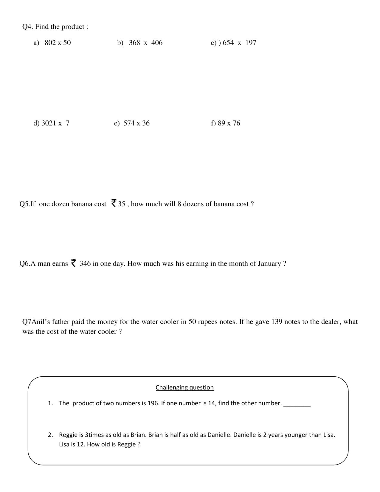 Worksheet for Class 3 Mathematics Multiplication Assignment - Page 2