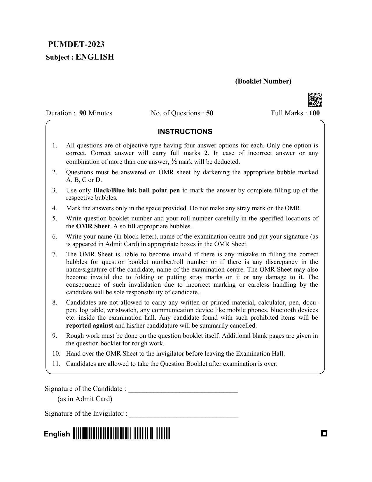PUBDET 2023 English Question Paper - Page 1