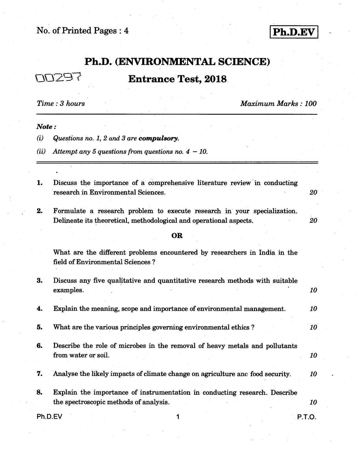 IGNOU PhD Entrance Test Ph.D (Environmental Science) 2018 Question Paper - Page 1