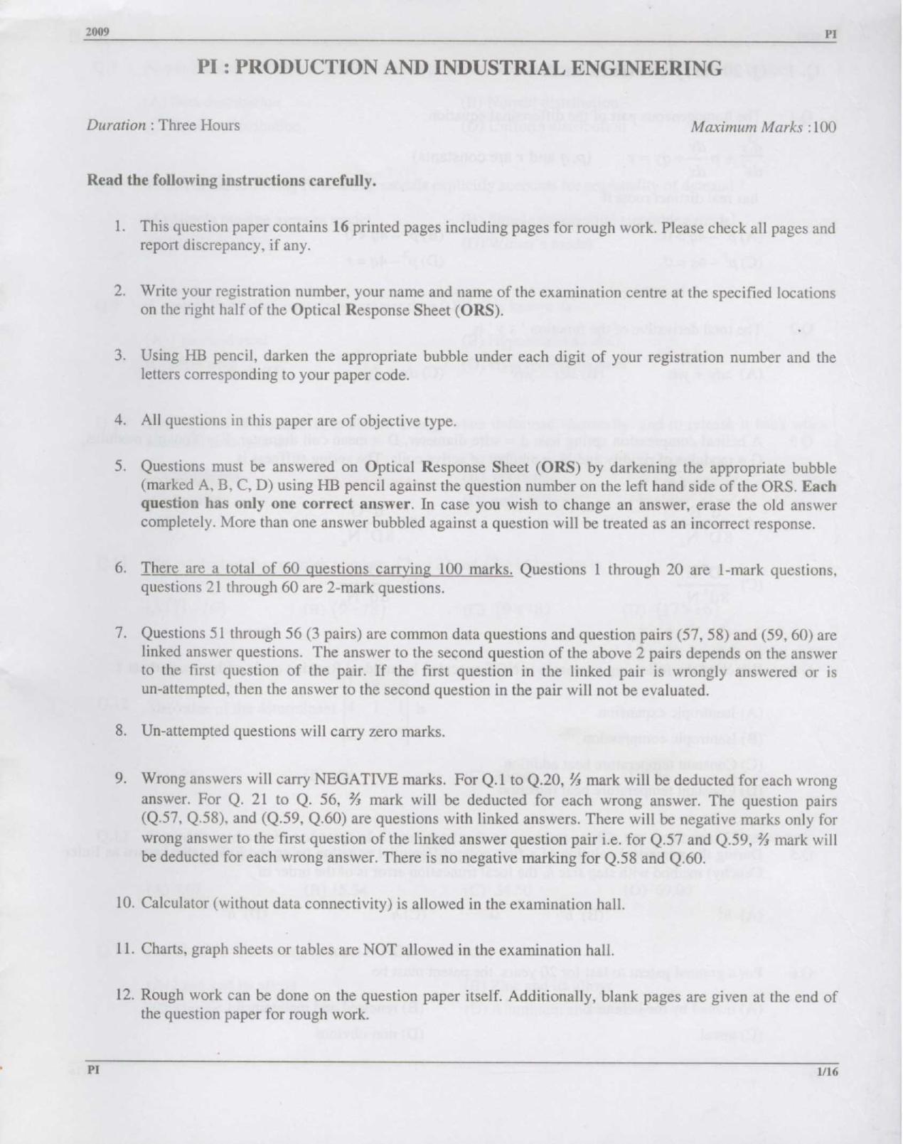 GATE 2009 Production and Industrial Engineering (PI) Question Paper with Answer Key - Page 1