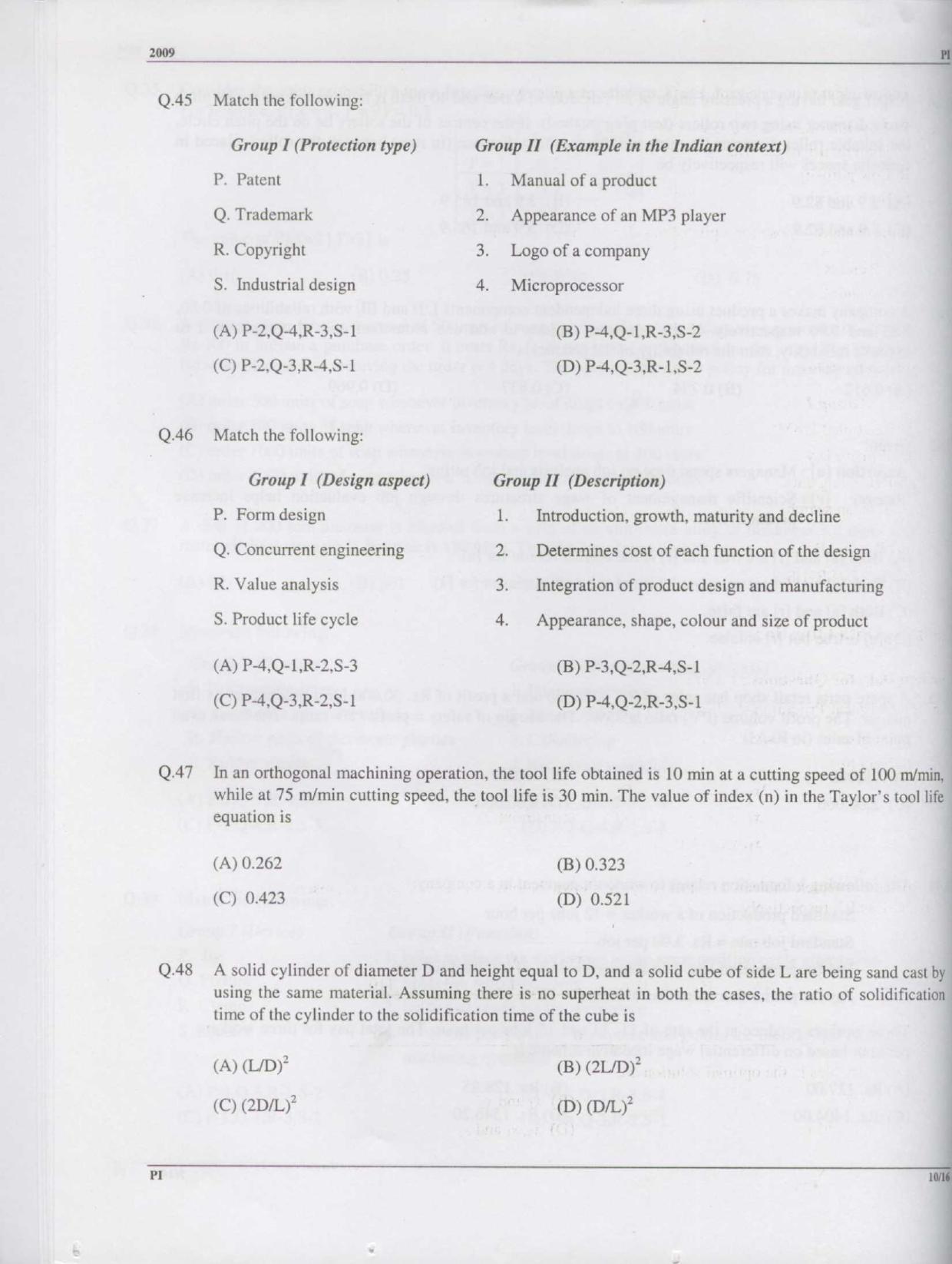 GATE 2009 Production and Industrial Engineering (PI) Question Paper with Answer Key - Page 10