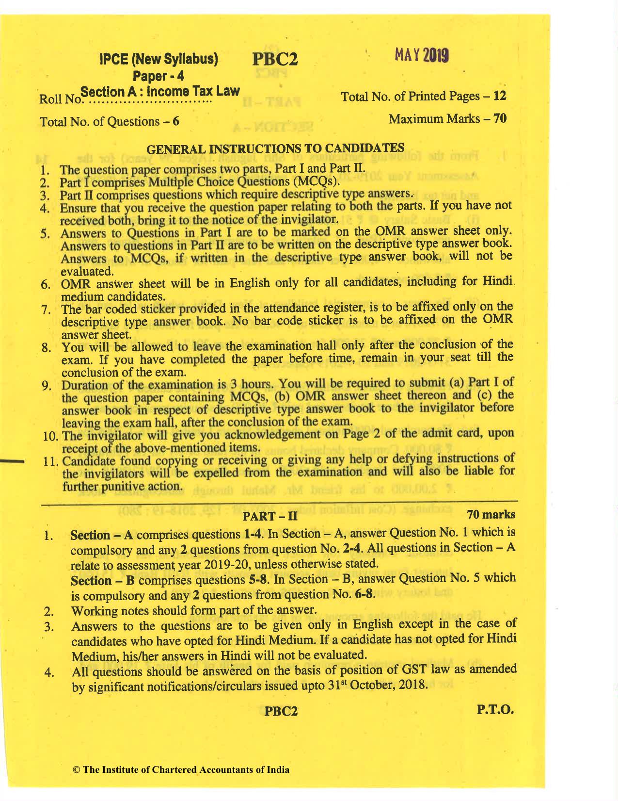 CA Inter May 2019 Question Paper - Paper 4 – Taxation - Page 1