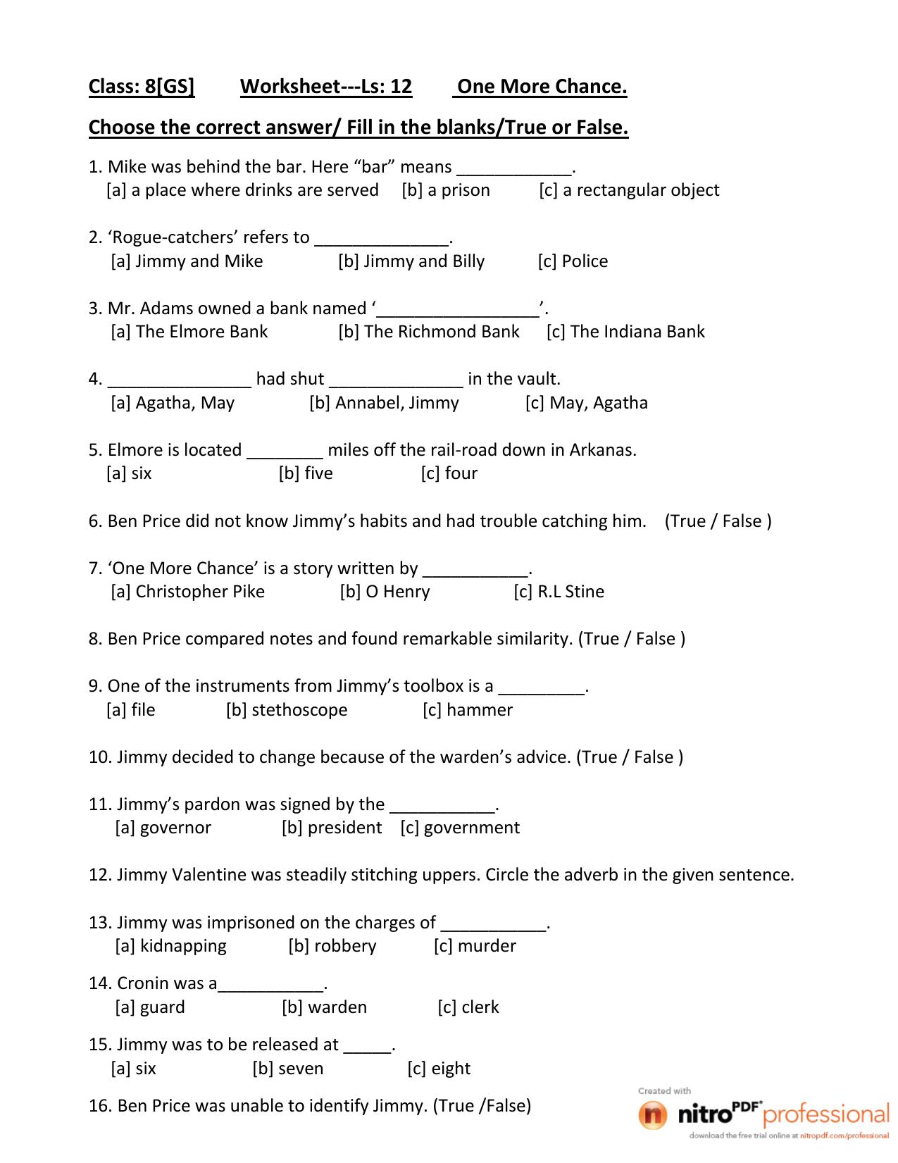 CBSE Class 8 English Worksheet One More Chance Assignment - Page 1