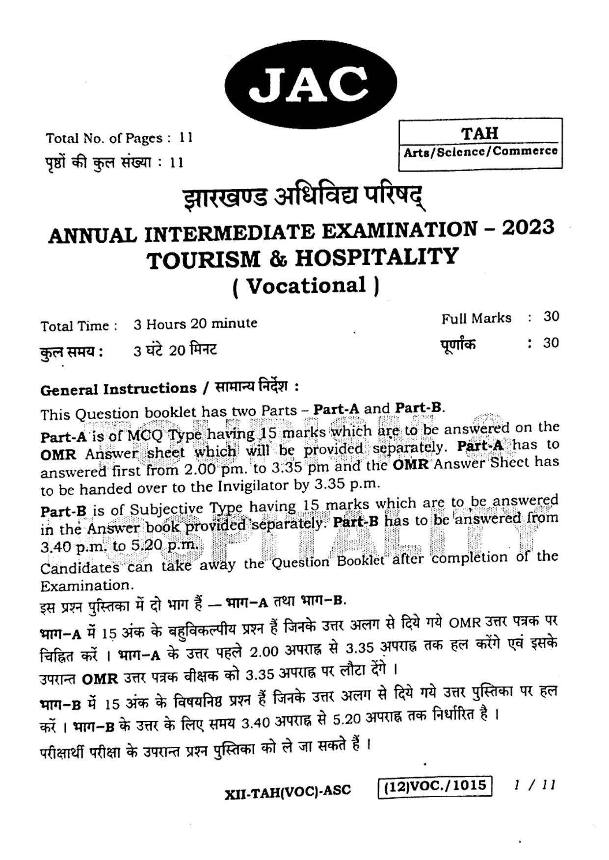 JAC Class 12 2023 Tourism & Hospitality Question Paper - Page 1