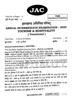JAC Class 12 2023 Tourism & Hospitality Question Paper
