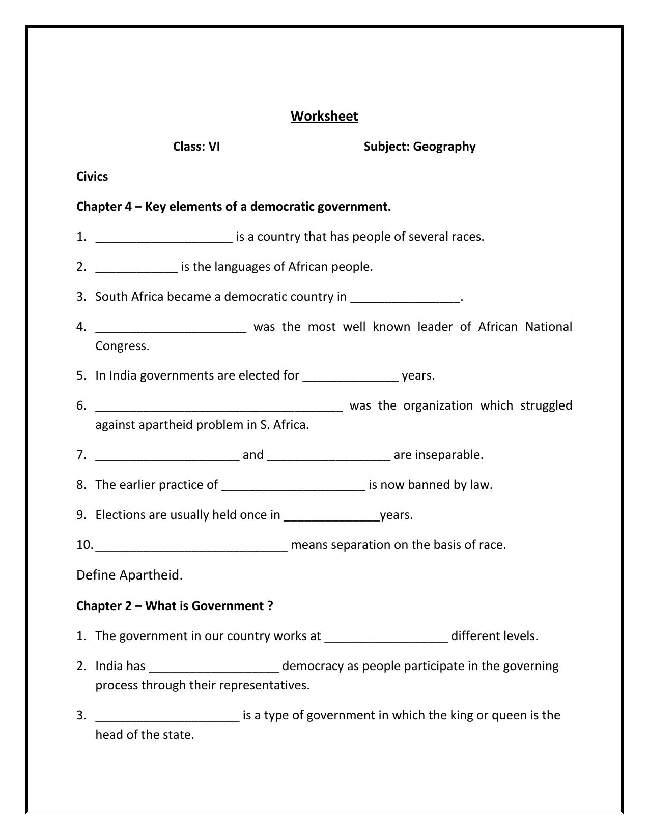 CBSE Worksheets for Class 6 Social Science Key elements of a democratic government Assignment 1 - Page 1
