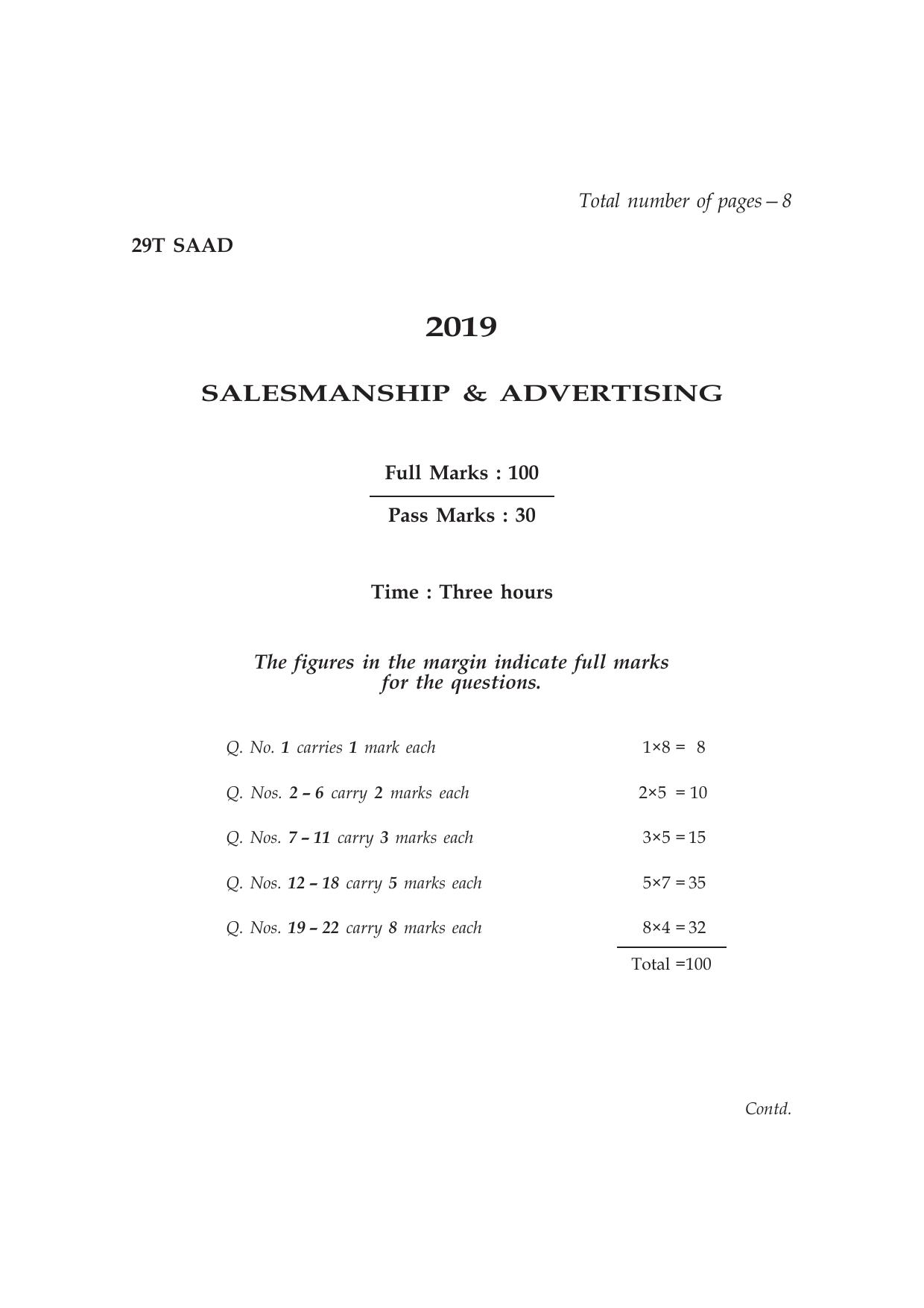 Assam HS 2nd Year Salesmanship & Adverting 2019 Question Paper - Page 1
