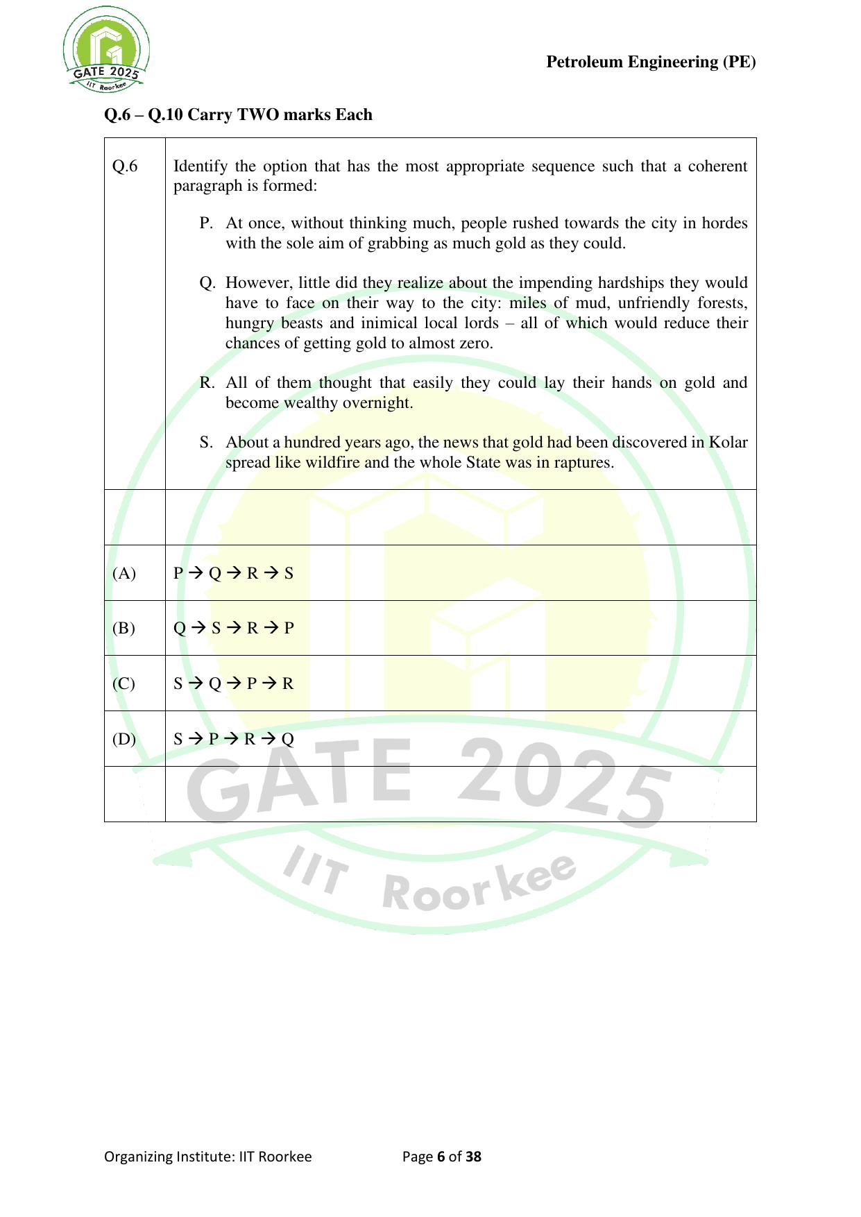 GATE 2025 Petroleum Engineering (PE) Question Paper - Page 6