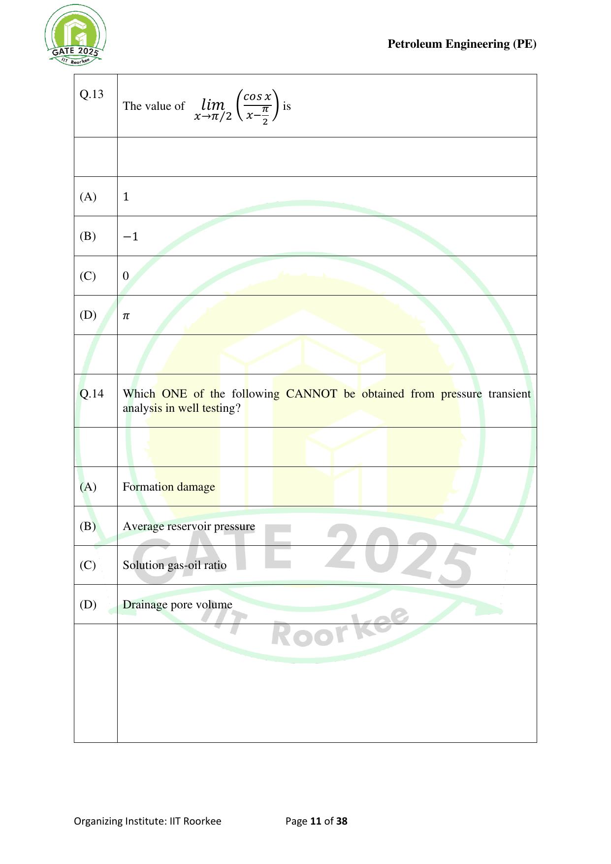 GATE 2025 Petroleum Engineering (PE) Question Paper - Page 11