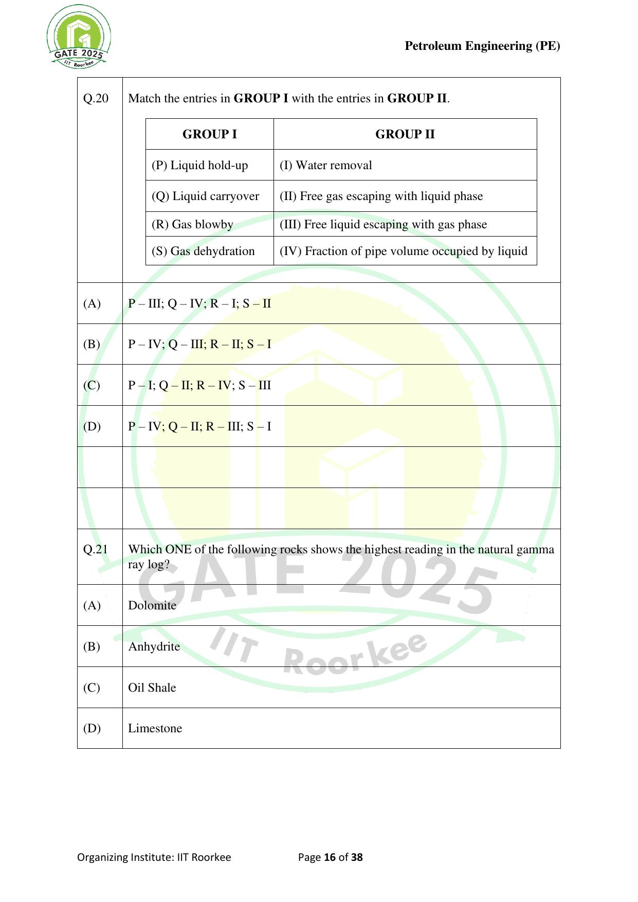 GATE 2025 Petroleum Engineering (PE) Question Paper - Page 16