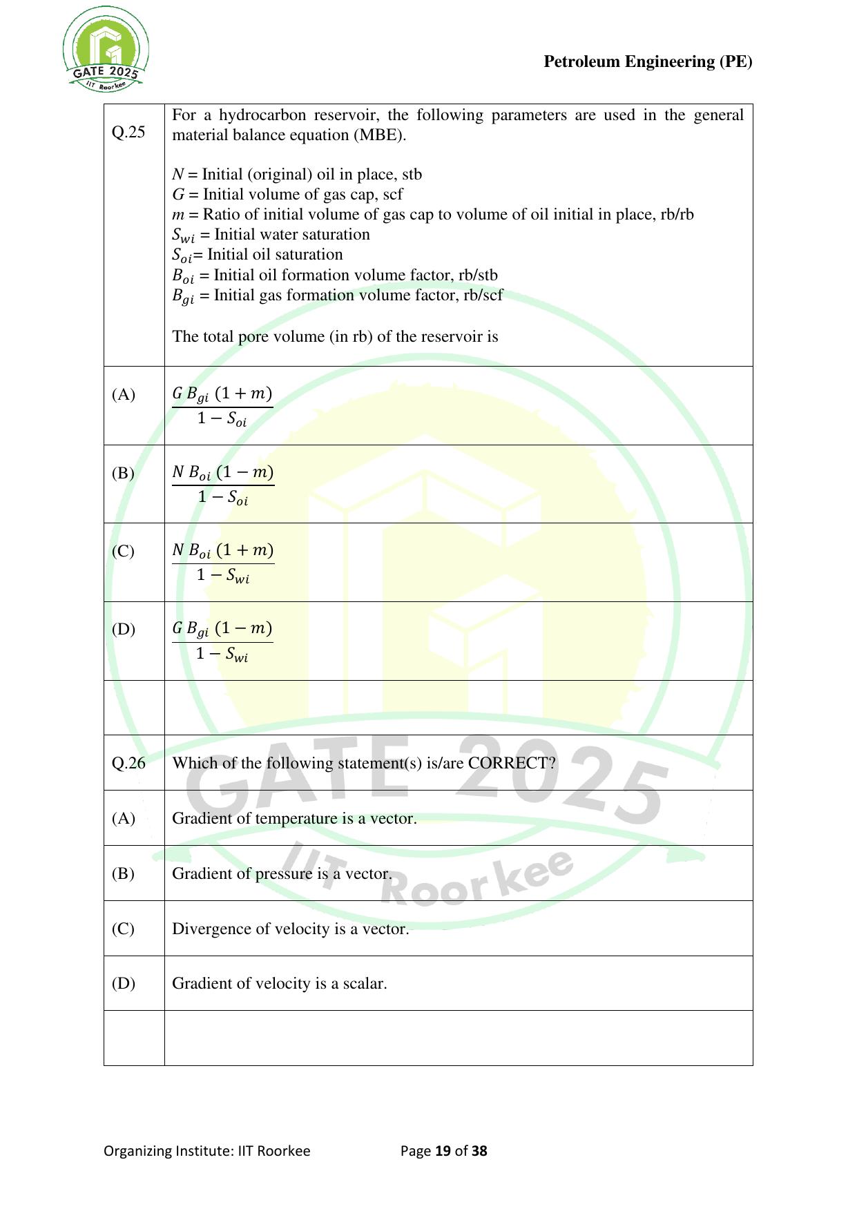 GATE 2025 Petroleum Engineering (PE) Question Paper - Page 19