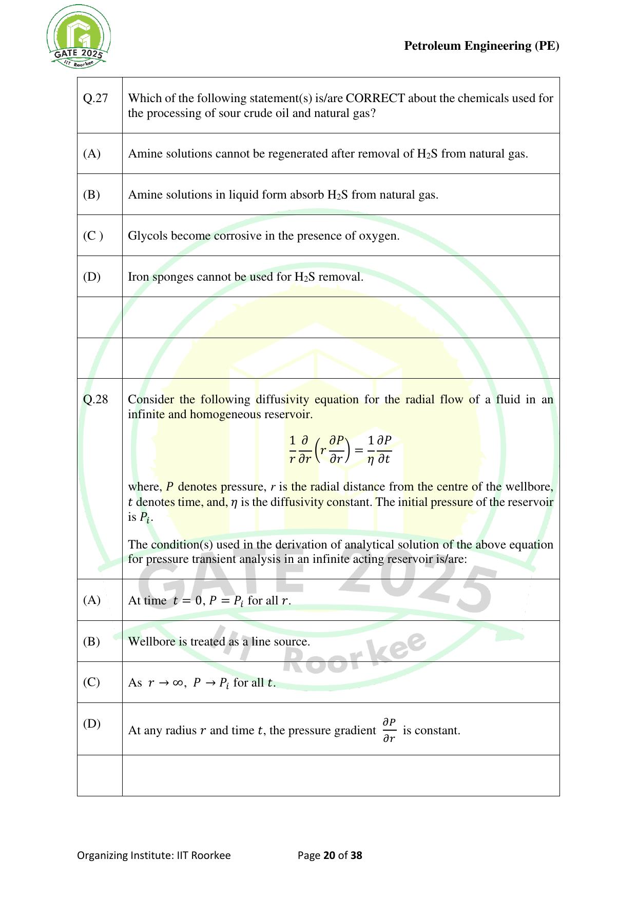 GATE 2025 Petroleum Engineering (PE) Question Paper - Page 20