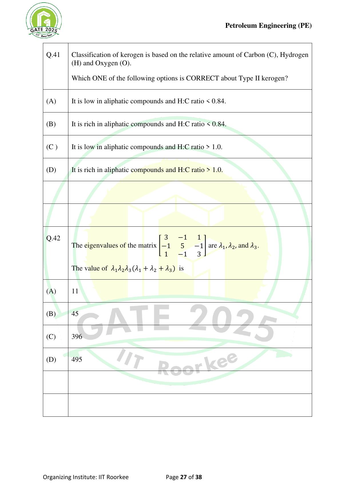 GATE 2025 Petroleum Engineering (PE) Question Paper - Page 27