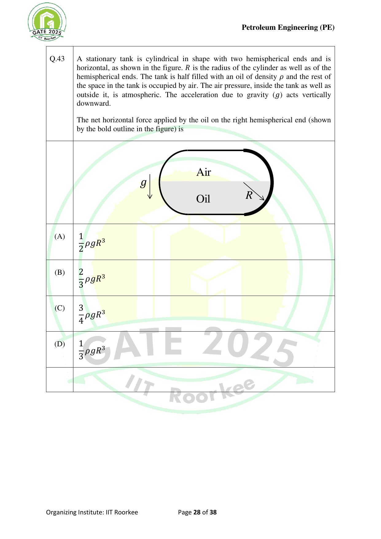 GATE 2025 Petroleum Engineering (PE) Question Paper - Page 28