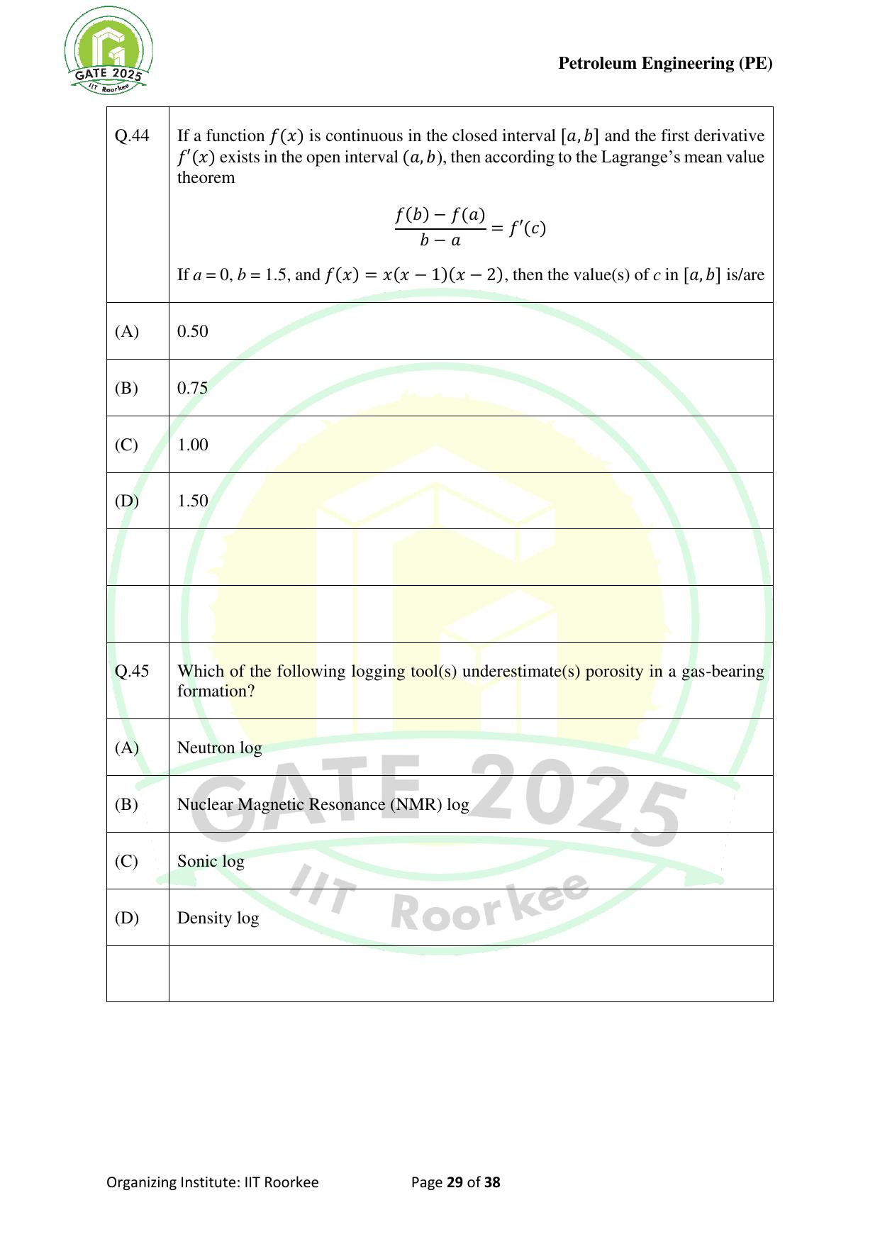 GATE 2025 Petroleum Engineering (PE) Question Paper - Page 29