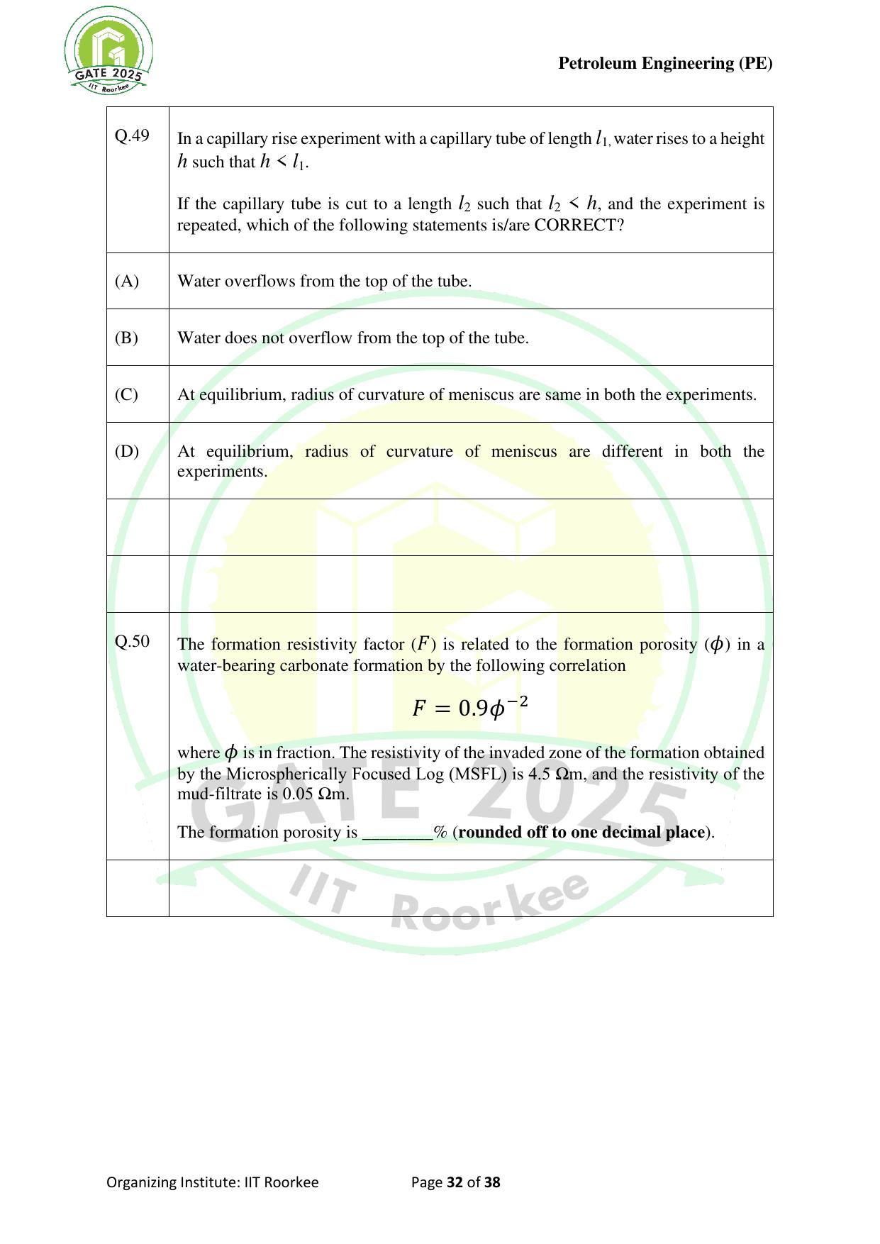 GATE 2025 Petroleum Engineering (PE) Question Paper - Page 32