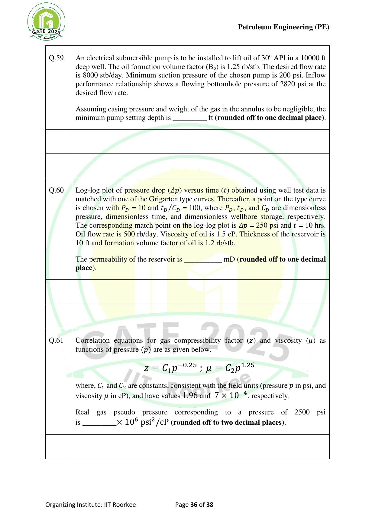 GATE 2025 Petroleum Engineering (PE) Question Paper - Page 36