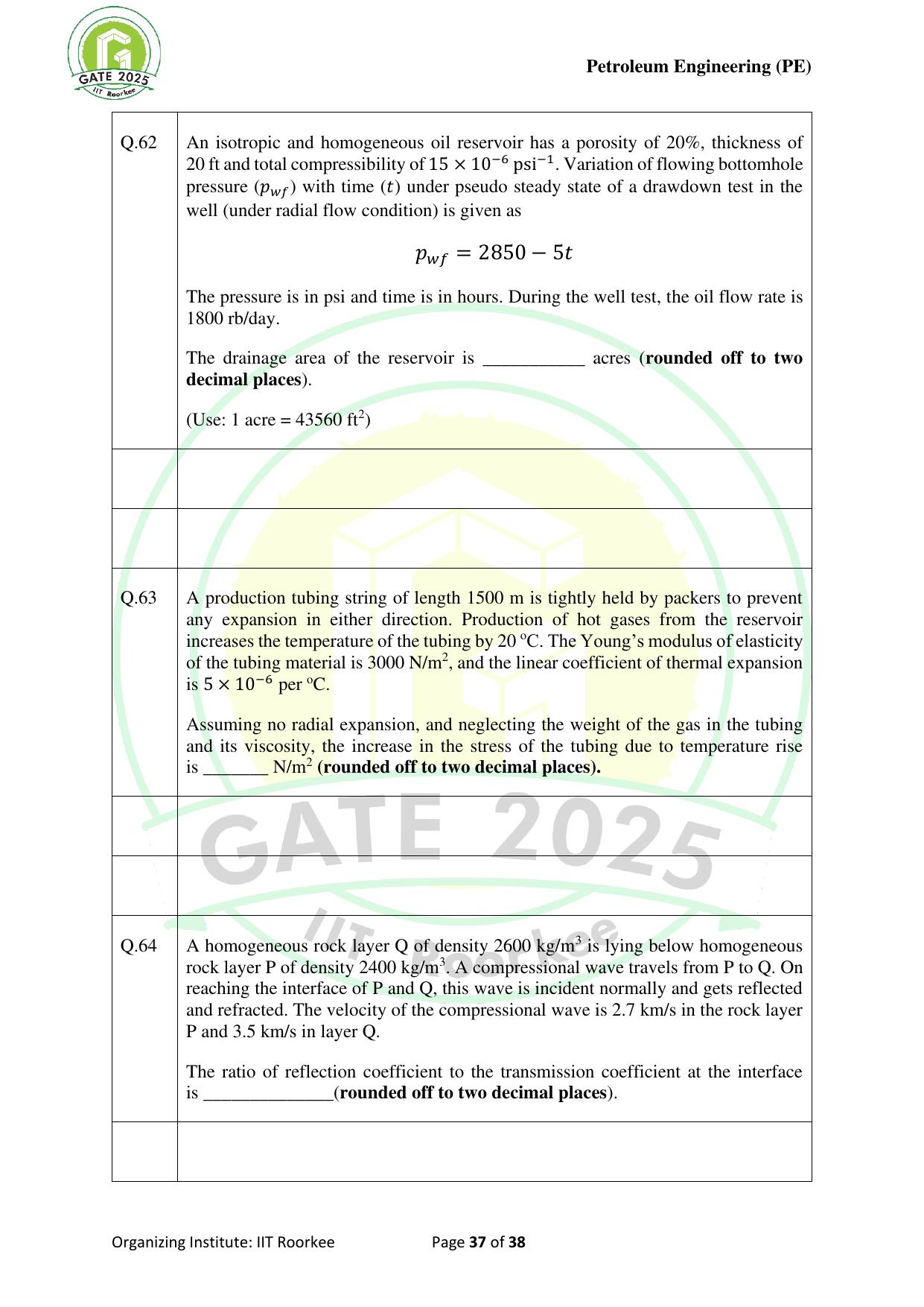 GATE 2025 Petroleum Engineering (PE) Question Paper - Page 37