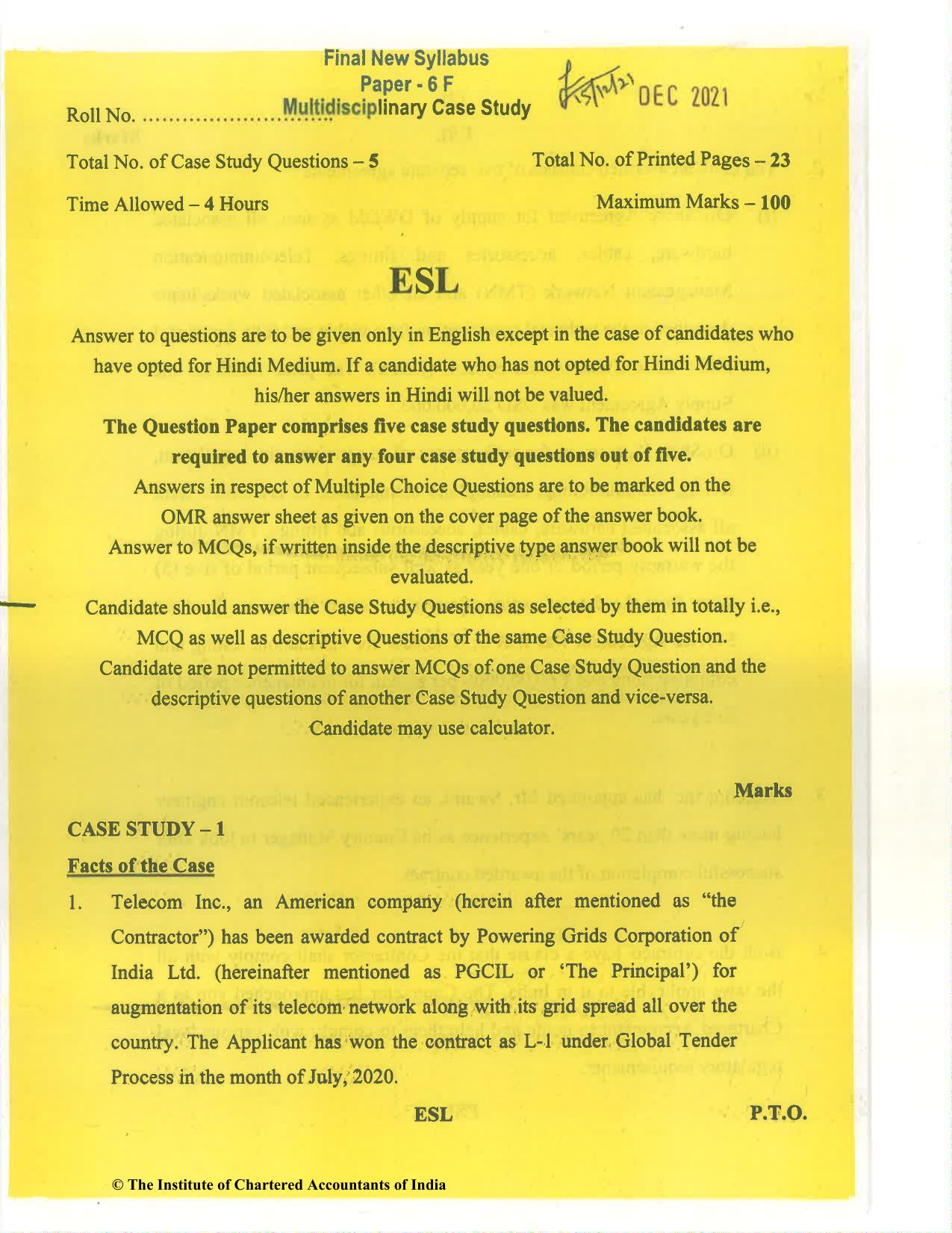 CA Final Dec 2021 Question Paper - Paper 6F – Multidisciplinary Case Study - Page 1