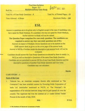 CA Final Dec 2021 Question Paper - Paper 6F – Multidisciplinary Case Study