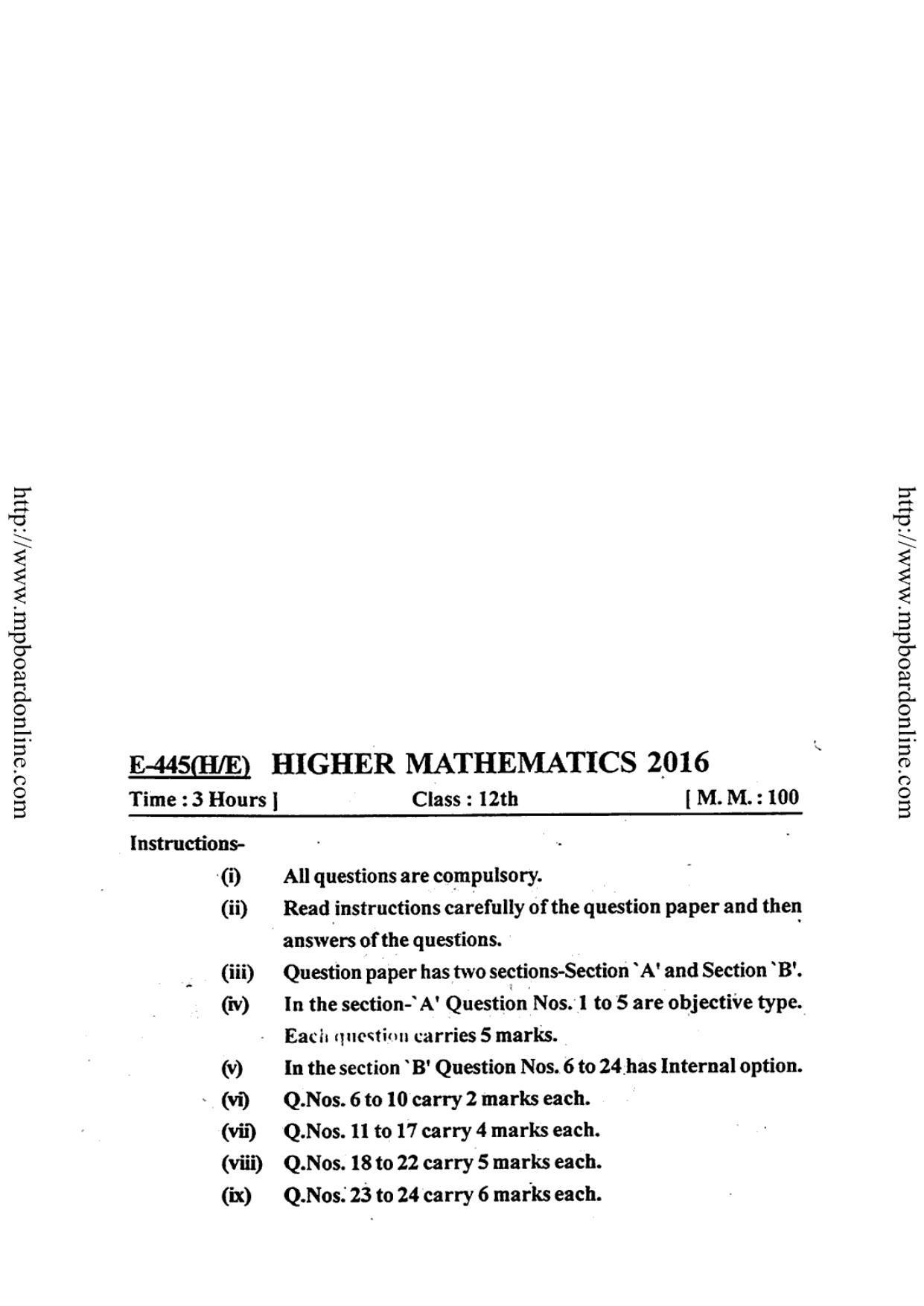 MP Board Class 12 Mathematica 2016 Question Paper - Page 5