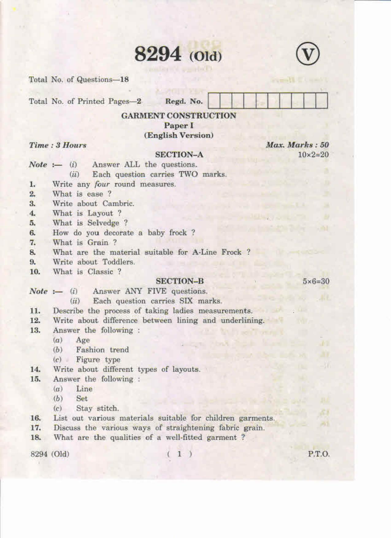 AP Inter 1st Year Garment Construction-I (Old) May-2019-Vocational Question Paper - Page 1