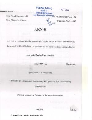 CA Inter May 2022 Question Paper - Paper 8 – Financial Management & Economics for Finance