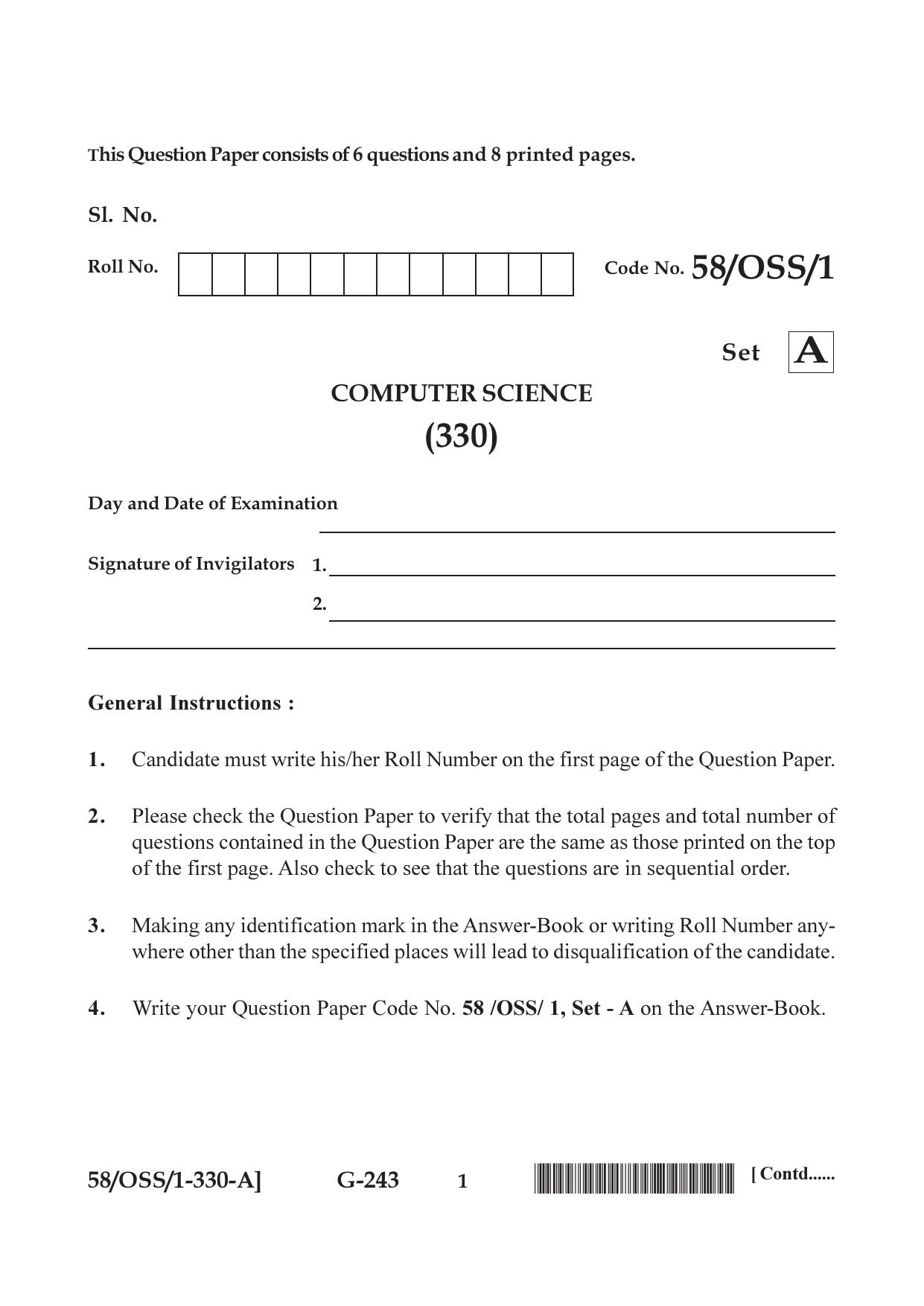 NIOS April 2019 Class 12 Computer Science (SET A) Question Paper - Page 1