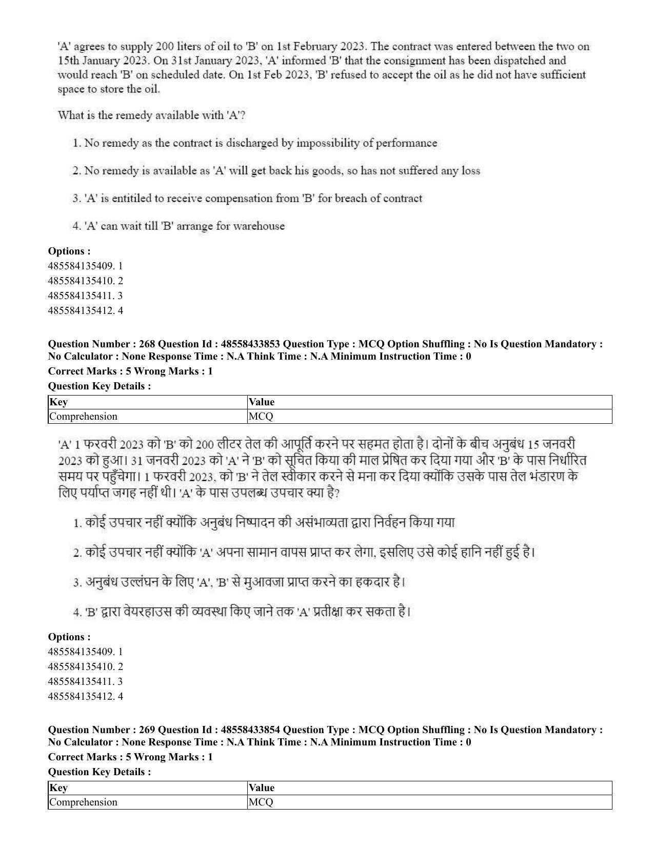 CUET 2023 English Hindi Shift 1 Question Papers - 18 June 2023 - Page 268