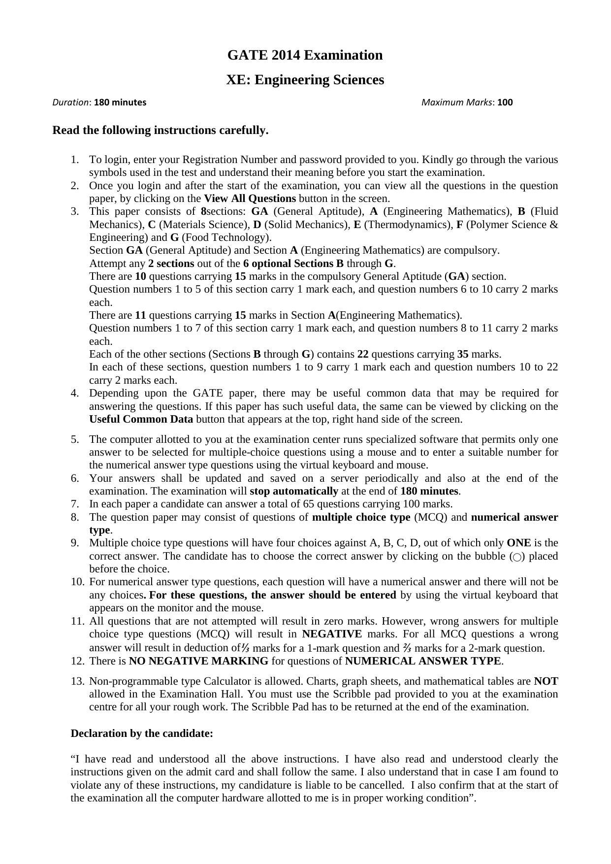GATE 2014 Engineering Sciences (XE) Question Paper with Answer Key - Page 4