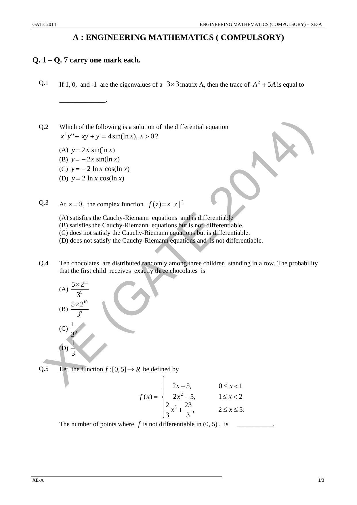 GATE 2014 Engineering Sciences (XE) Question Paper with Answer Key