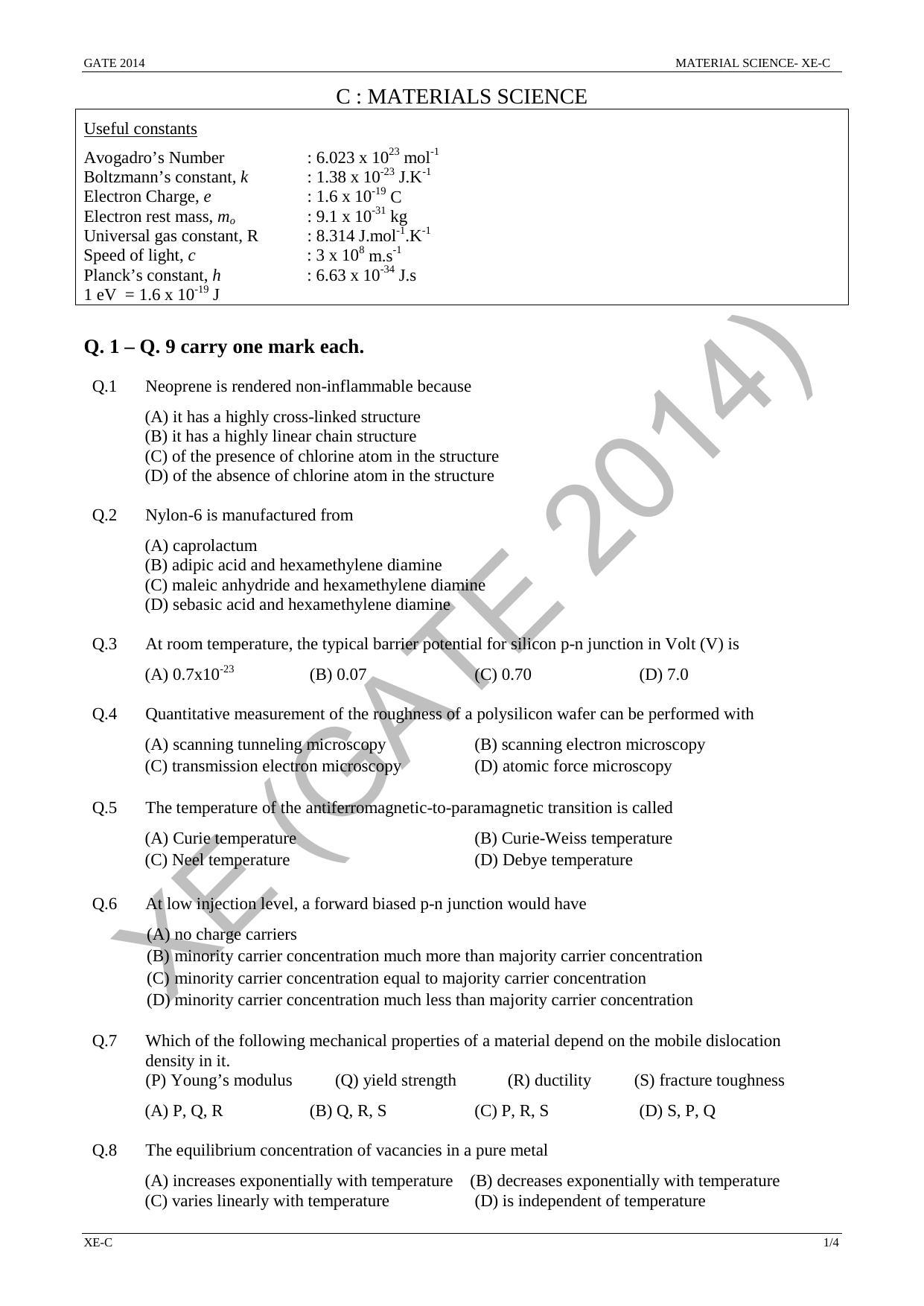 GATE 2014 Engineering Sciences (XE) Question Paper with Answer Key