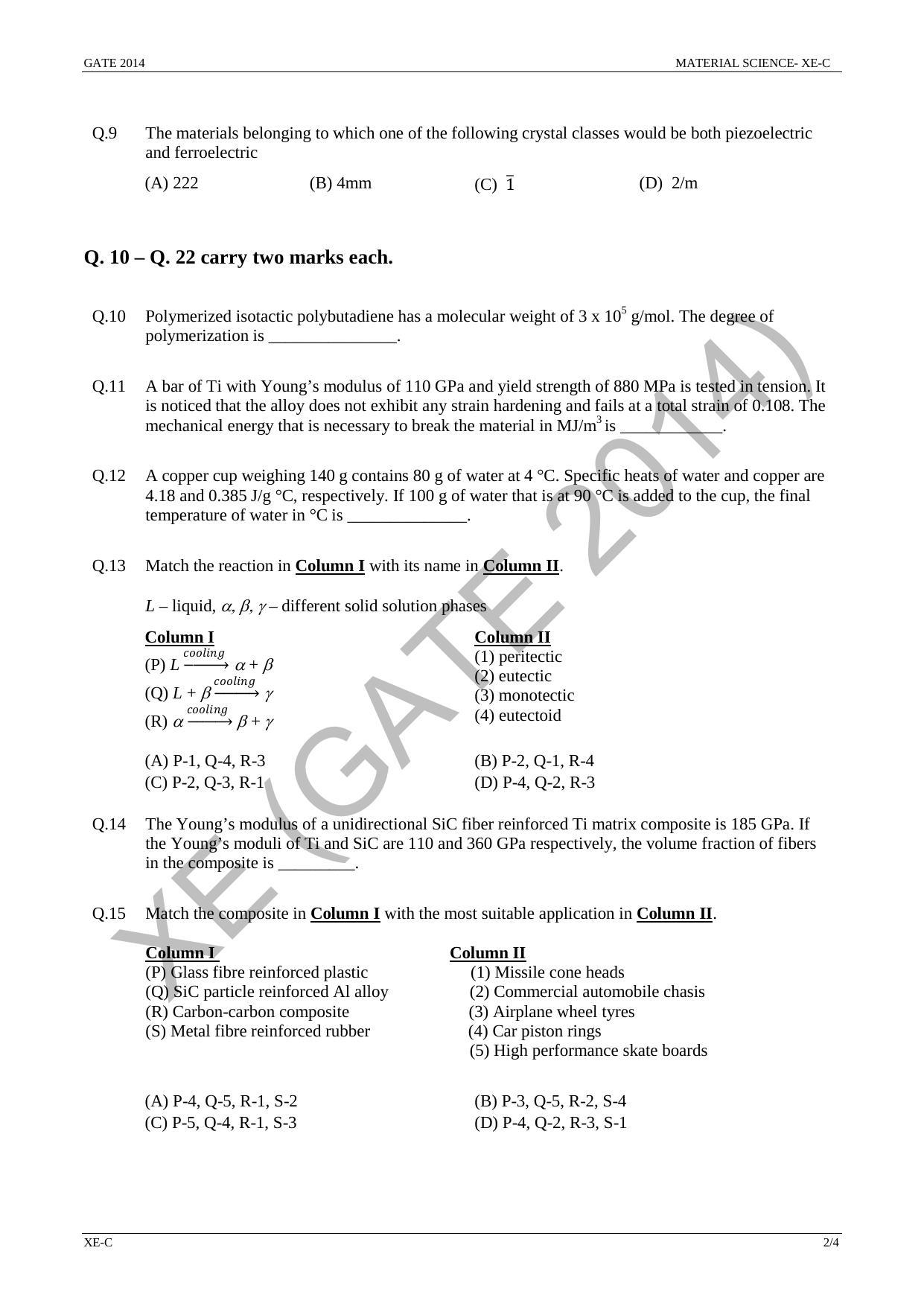 GATE 2014 Engineering Sciences (XE) Question Paper with Answer Key