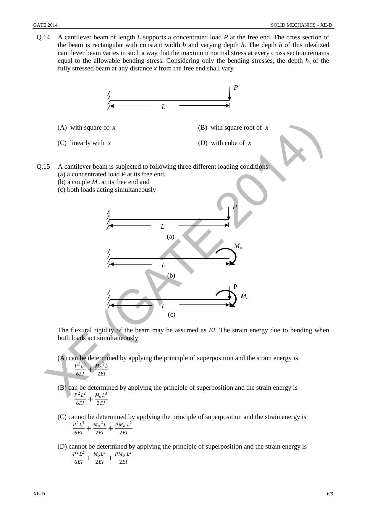 GATE 2014 Engineering Sciences (XE) Question Paper with Answer Key
