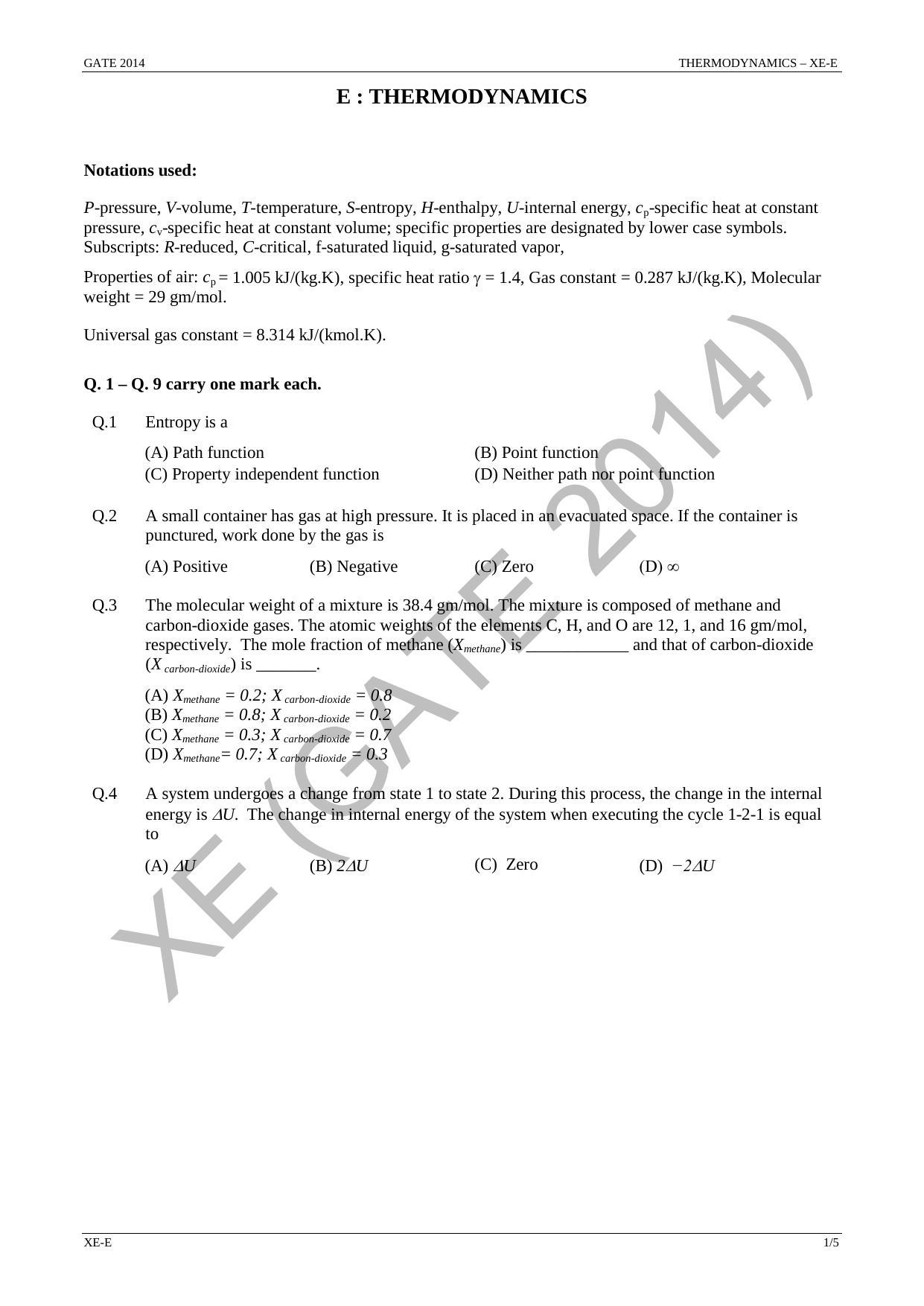 GATE 2014 Engineering Sciences (XE) Question Paper with Answer Key - Page 31