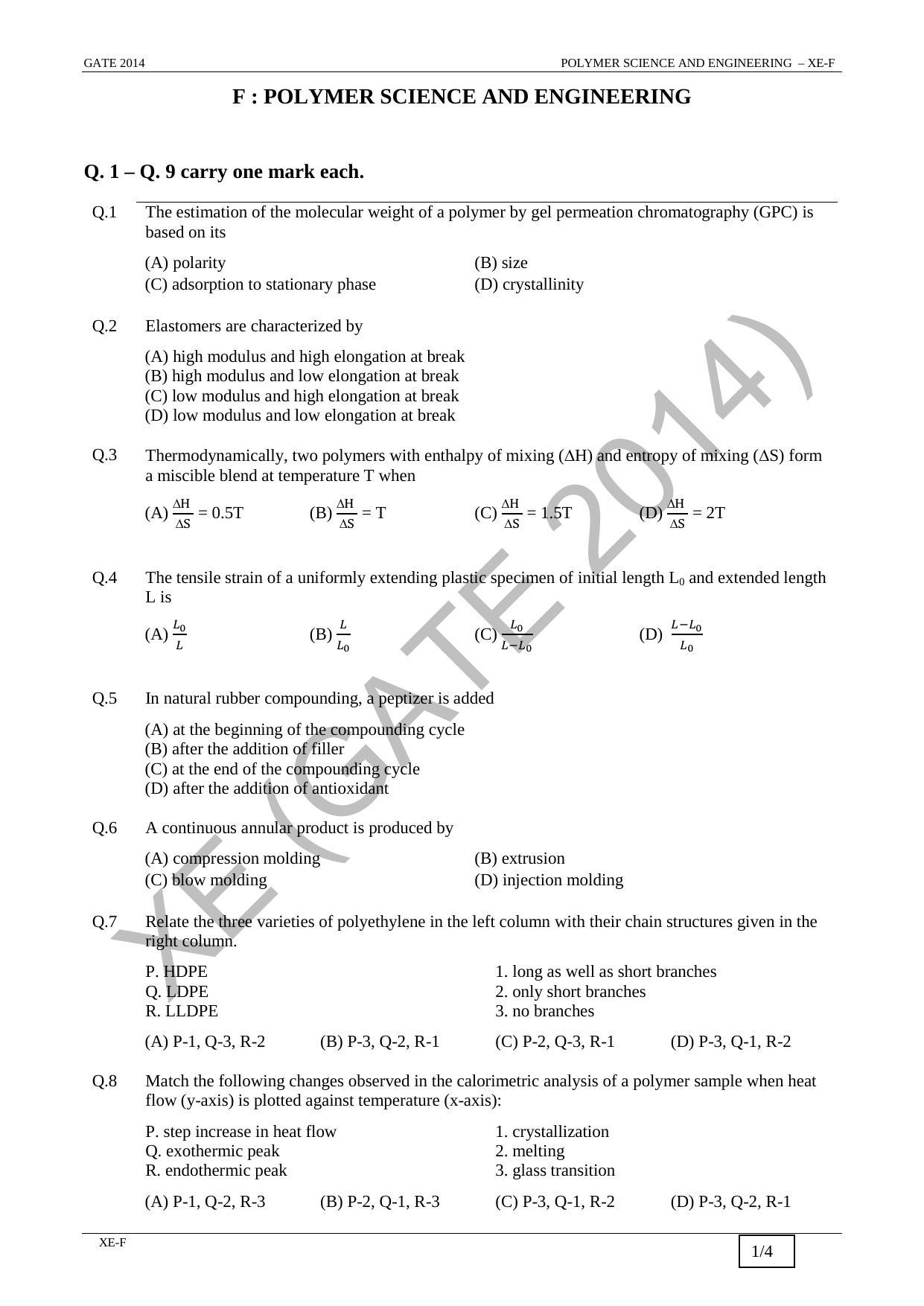 GATE 2014 Engineering Sciences (XE) Question Paper with Answer Key