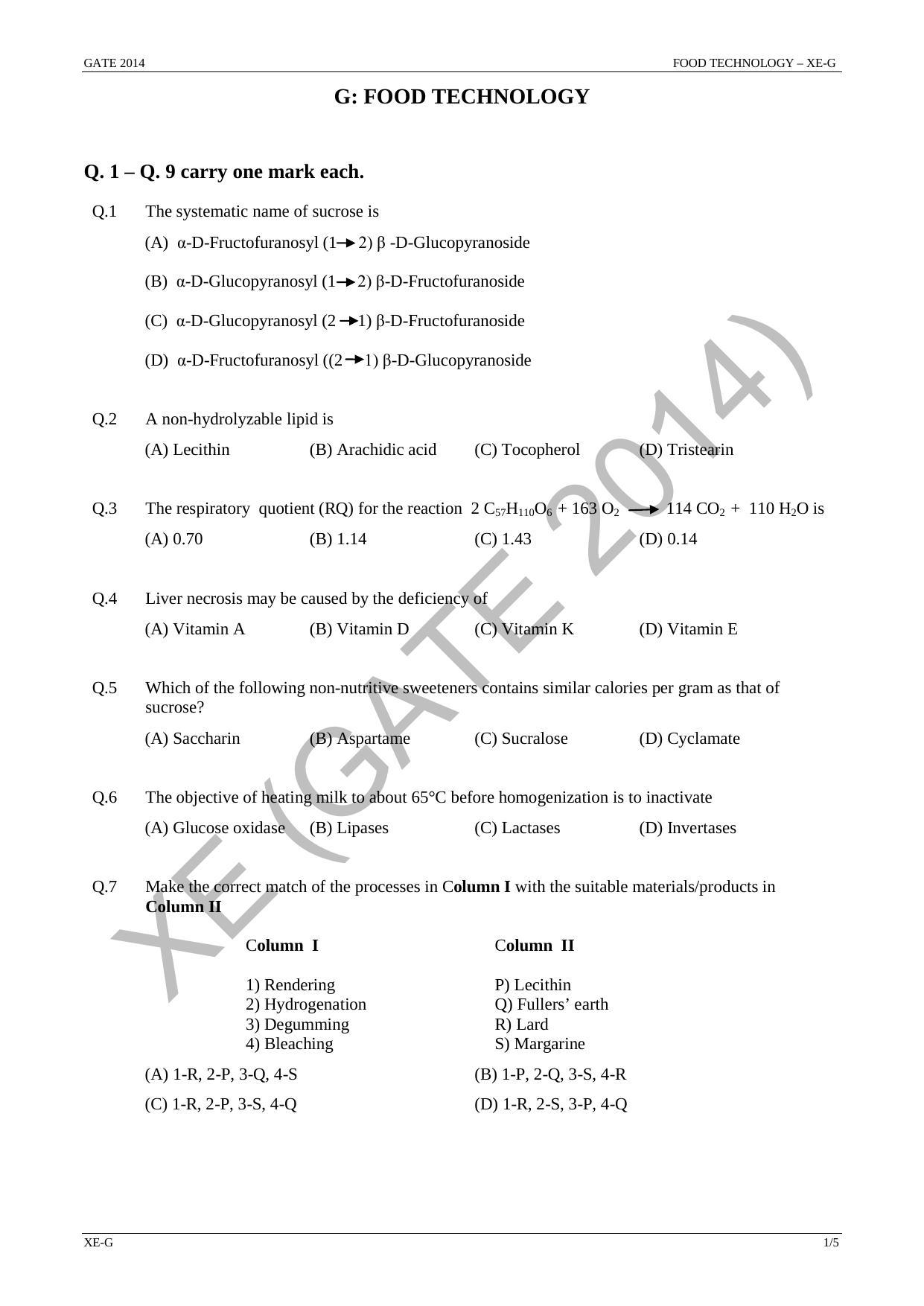GATE 2014 Engineering Sciences (XE) Question Paper with Answer Key