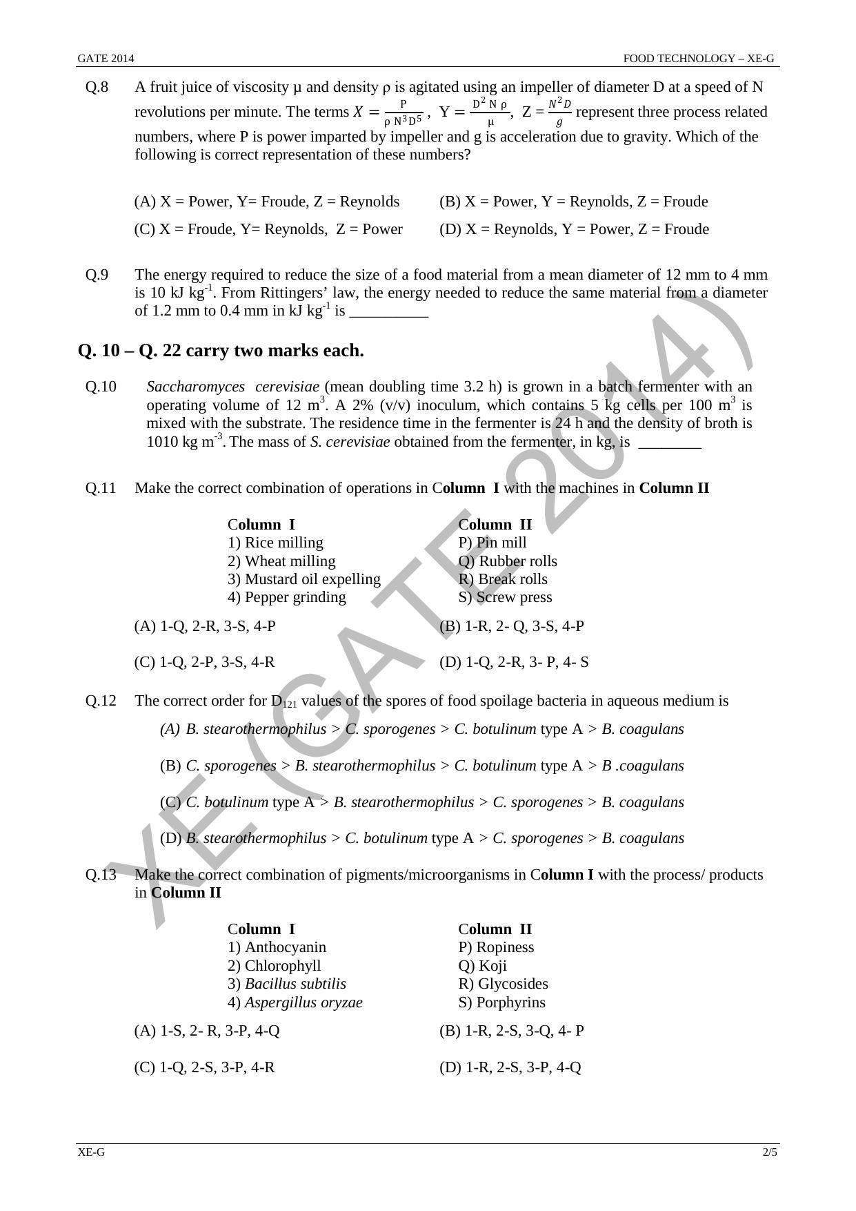 GATE 2014 Engineering Sciences (XE) Question Paper with Answer Key