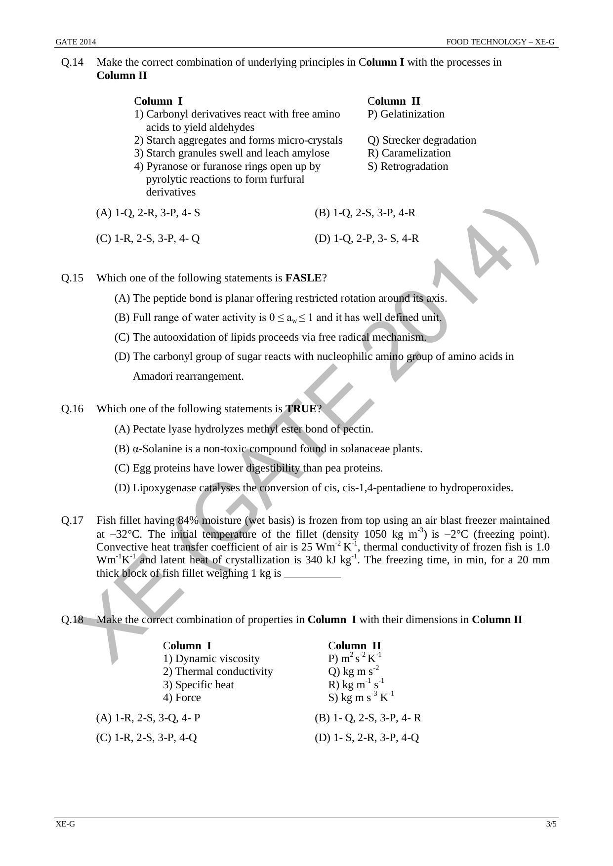 GATE 2014 Engineering Sciences (XE) Question Paper with Answer Key