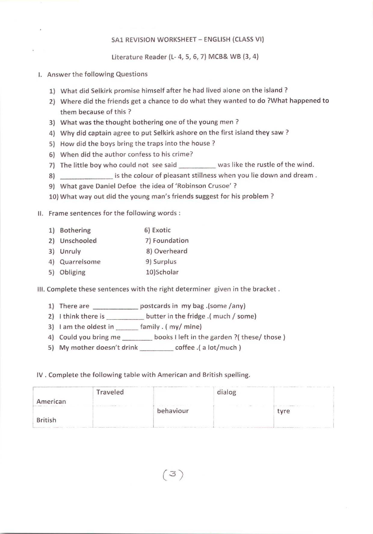 CBSE Worksheets for Class 6 English Literature Reader Assignment 2 - Page 1