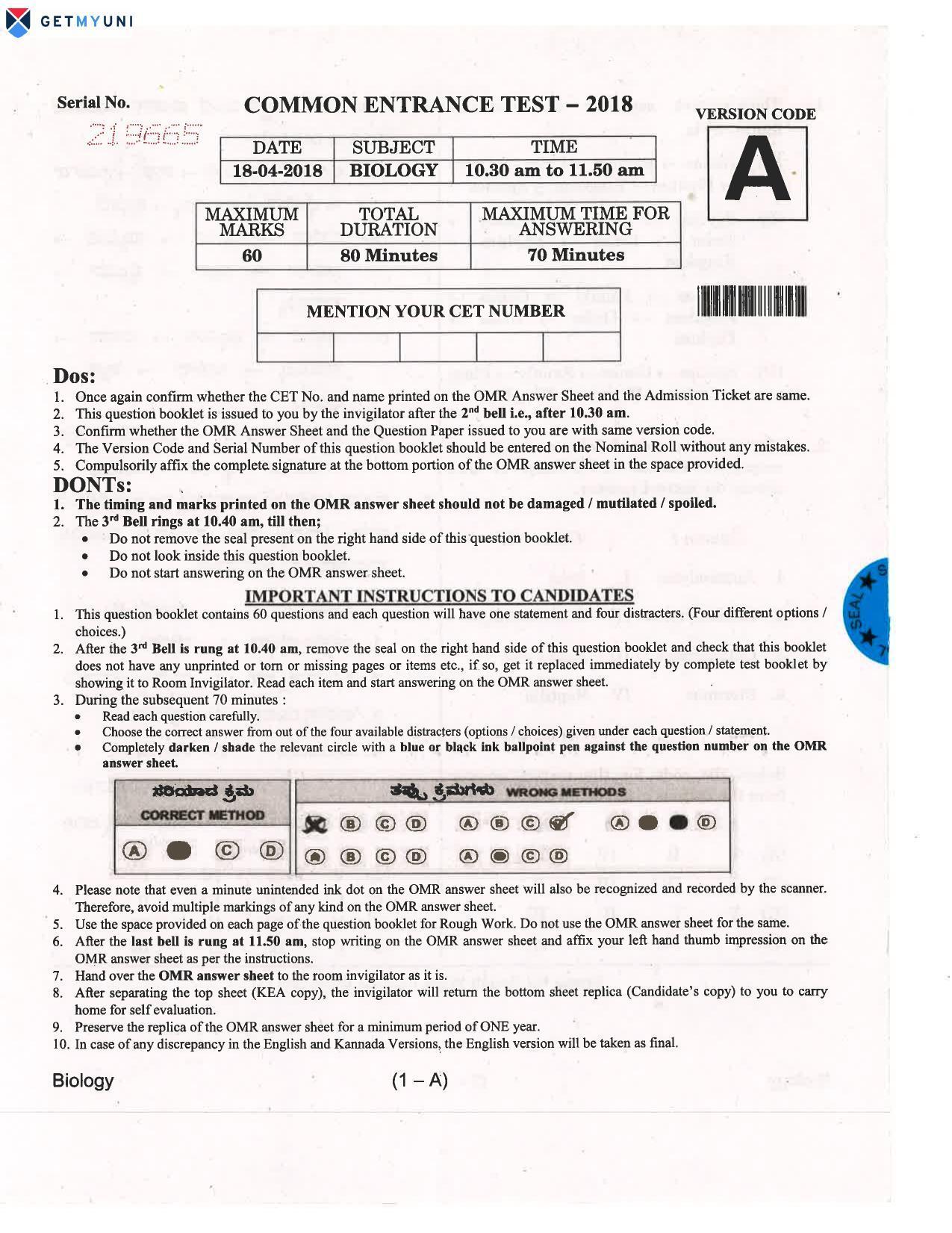 KCET Biology 2018 Question Papers - Page 1