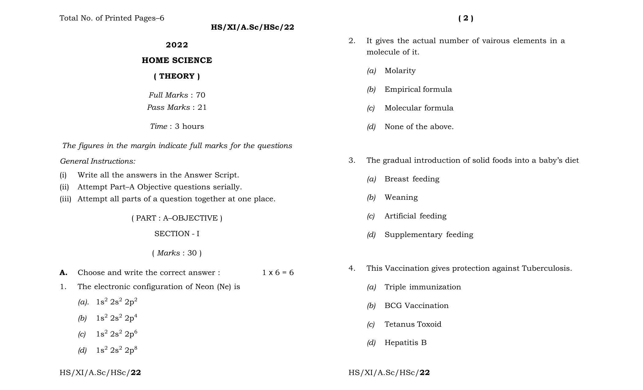 Meghalaya Board (MBOSE) Class 11 Home Science (theory) 2022 Question Paper - Page 1