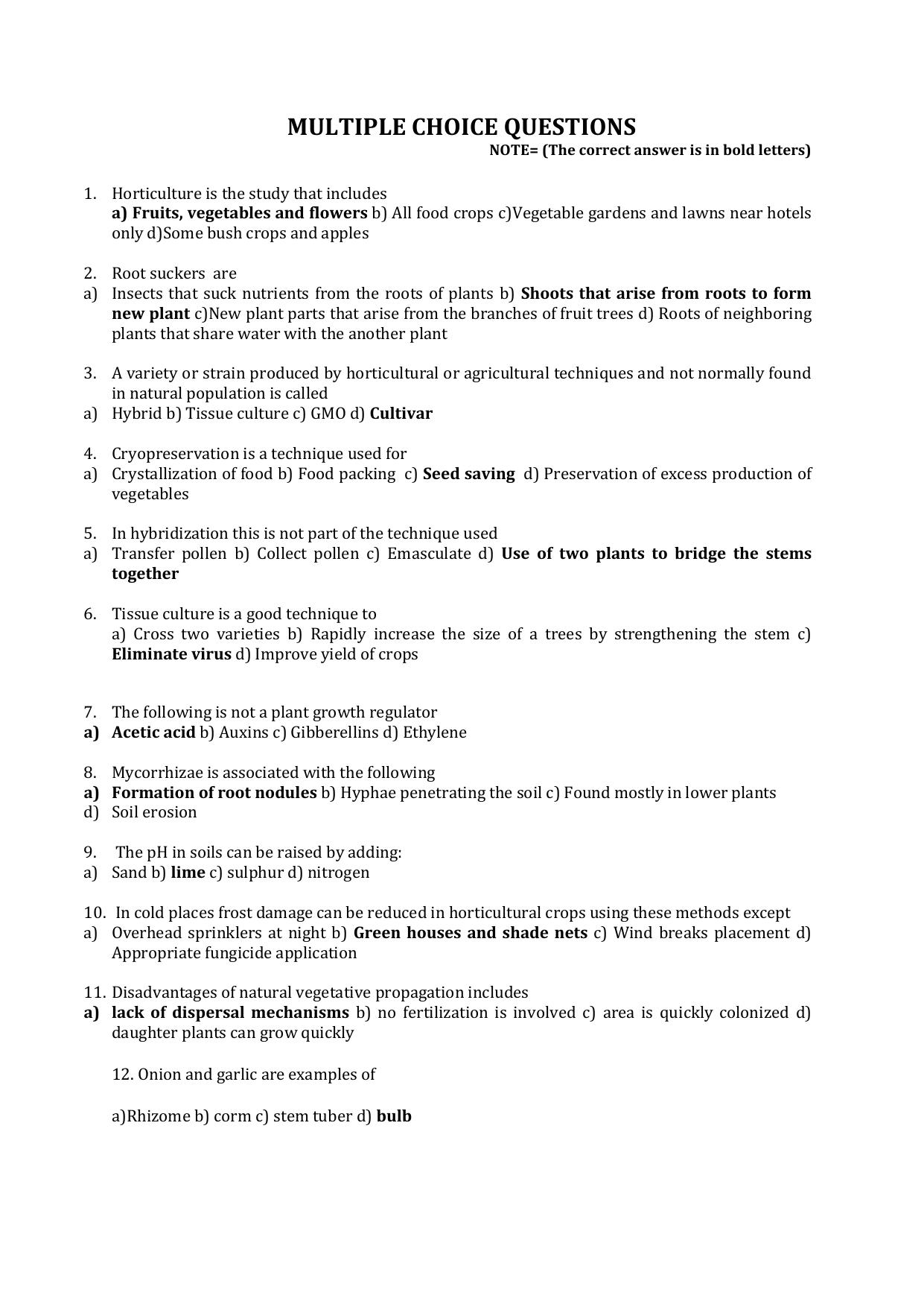 MCAER PG CET Horticulture MCQ Question Paper - Page 1