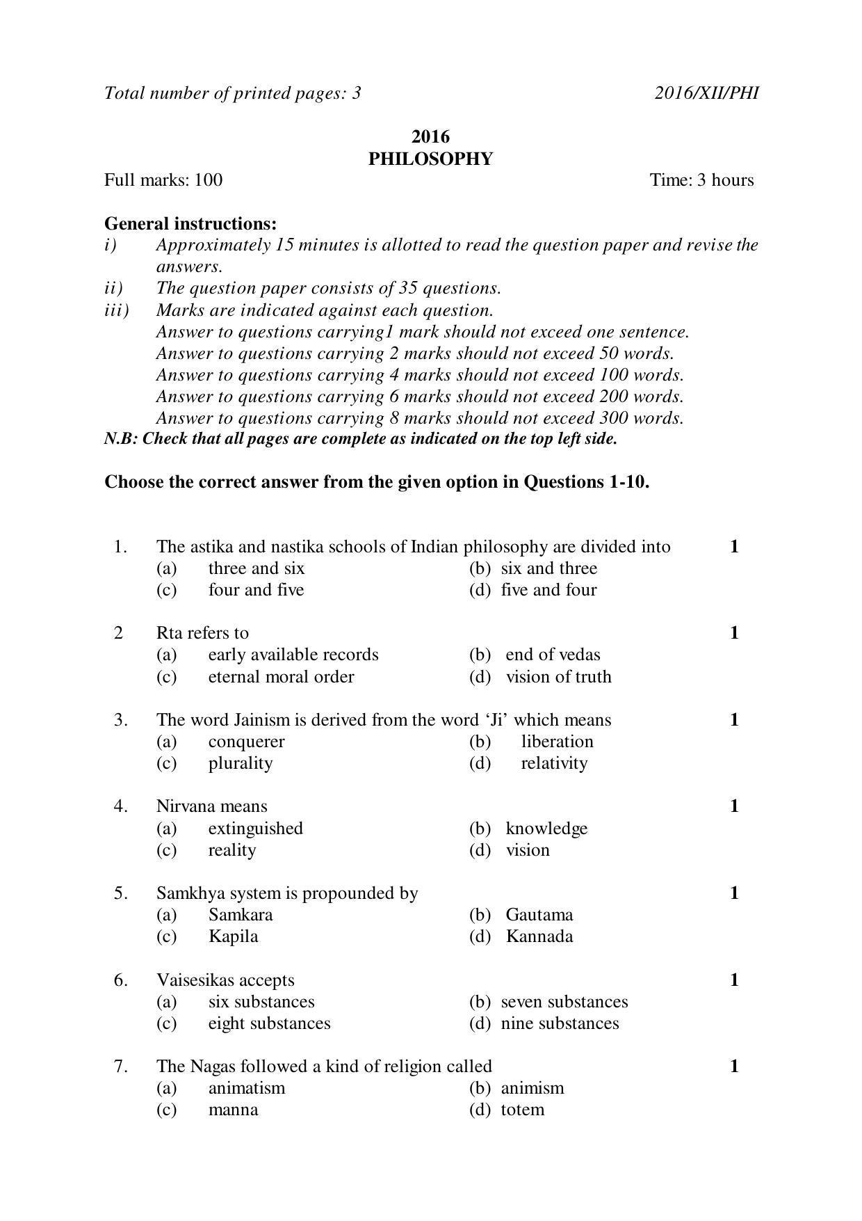 Nagaland Board Class 12 PHILOSOPHY 2016 Question Papers - Page 1