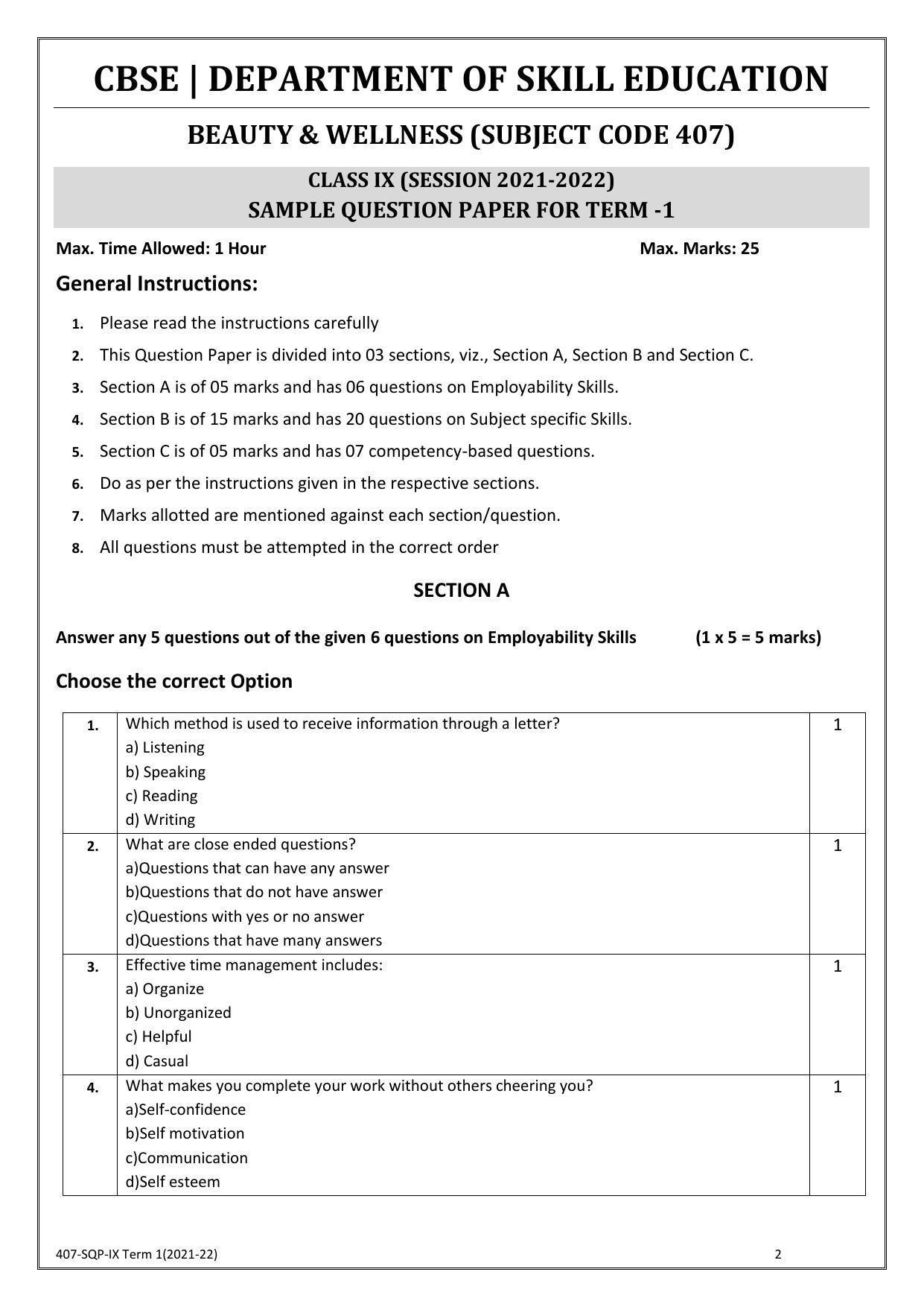 CBSE Class 10 Skill Education (Term I) - Beauty And Wellness Sample Paper 2021-22 - Page 2