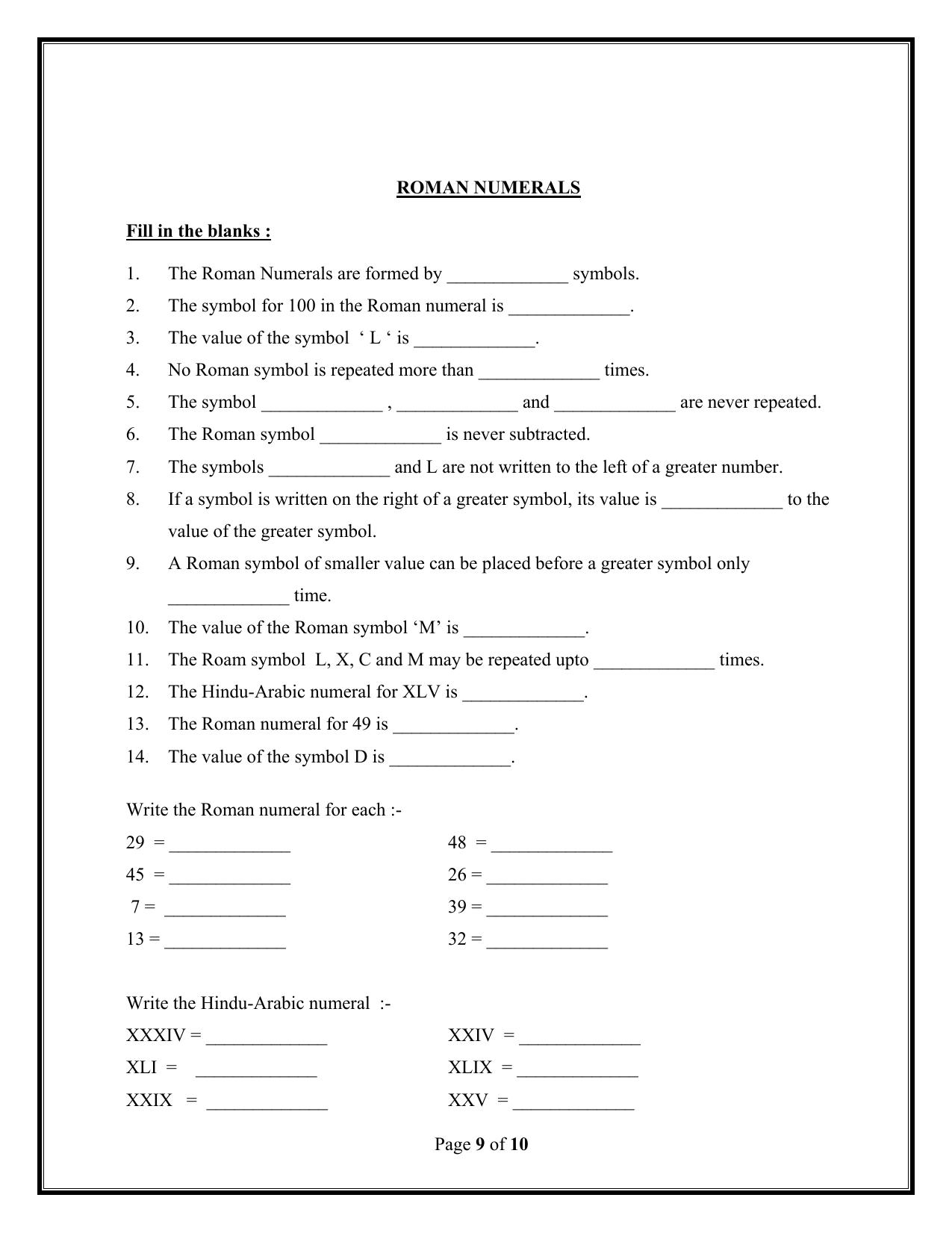 Worksheet for Class 4 Maths Assignment 67 Roman Numerals - Page 1